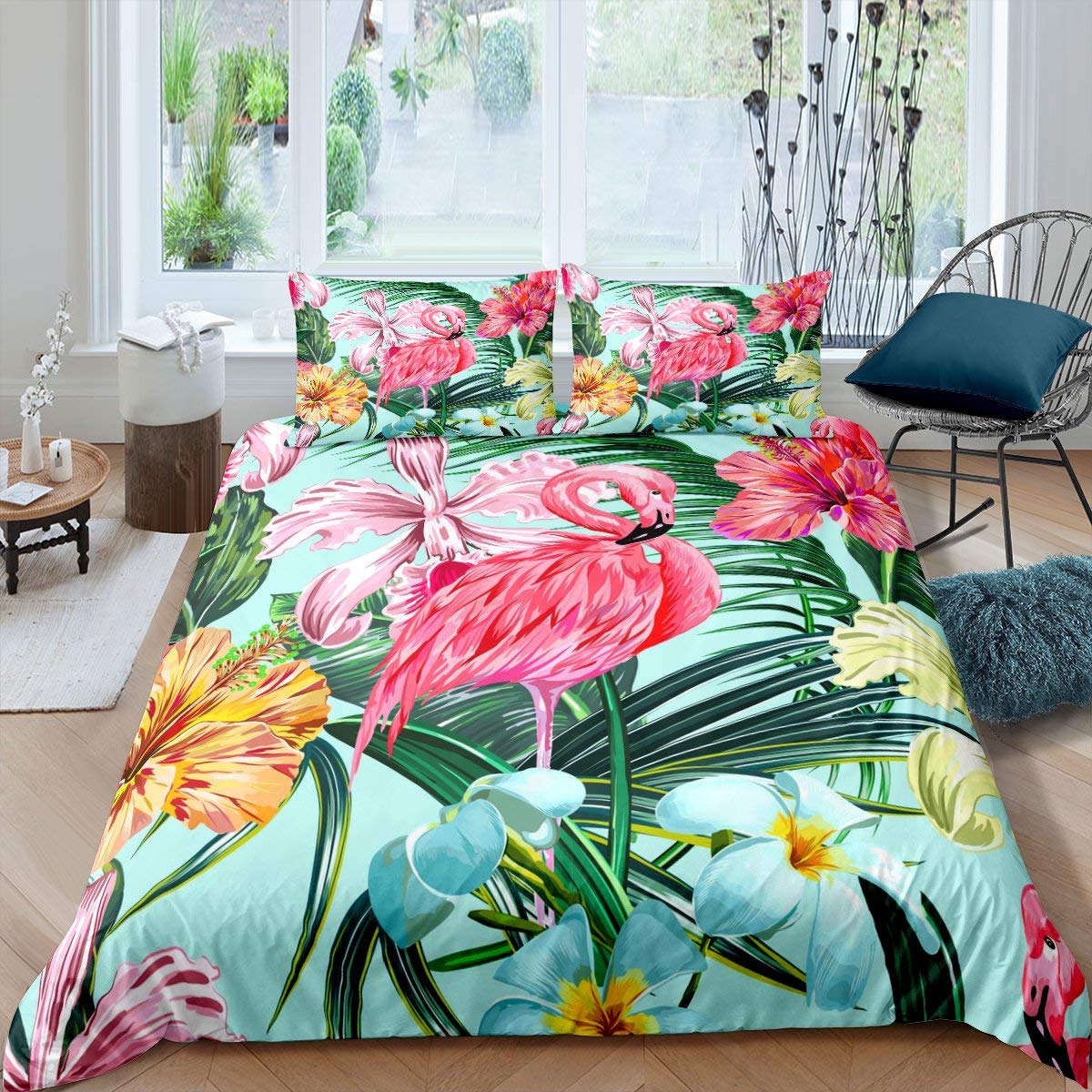 richhome - Set di biancheria da letto con motivo fenicottero rosso e foglie di palma verde e blu, per ragazzi e ragazze, copriletto, 2 pezzi