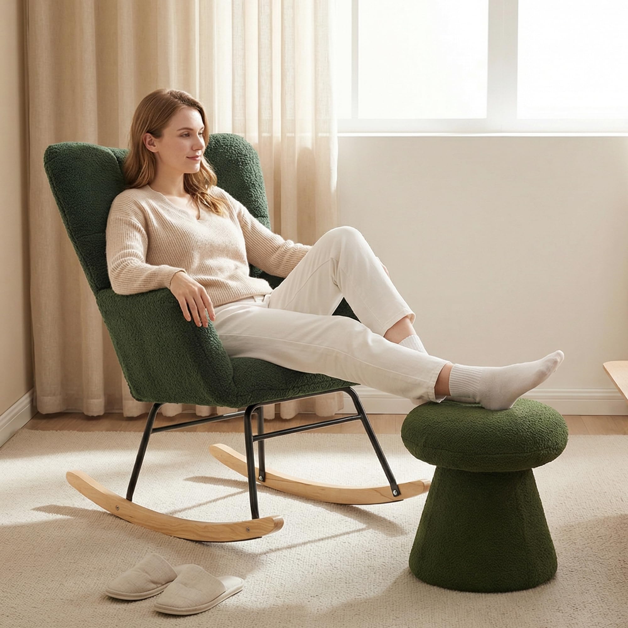 DEKKETO Tabouret de Coiffeuse Pivotant 360°, Pouf Rond Repose-Pieds Salon, Chaise Maquillage Moderne en Tissu Bouclette, Siège Rembourré Confortable pour Chambre, Dressing, Entrée, Vert