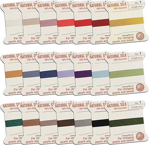 Griffin Cordón de cuentas de seda Perlseide Tamaño 1 (0.014 in) 21 muestras de colores 6.6 ft por tarjeta Aguja de acero inoxidable adjunta para