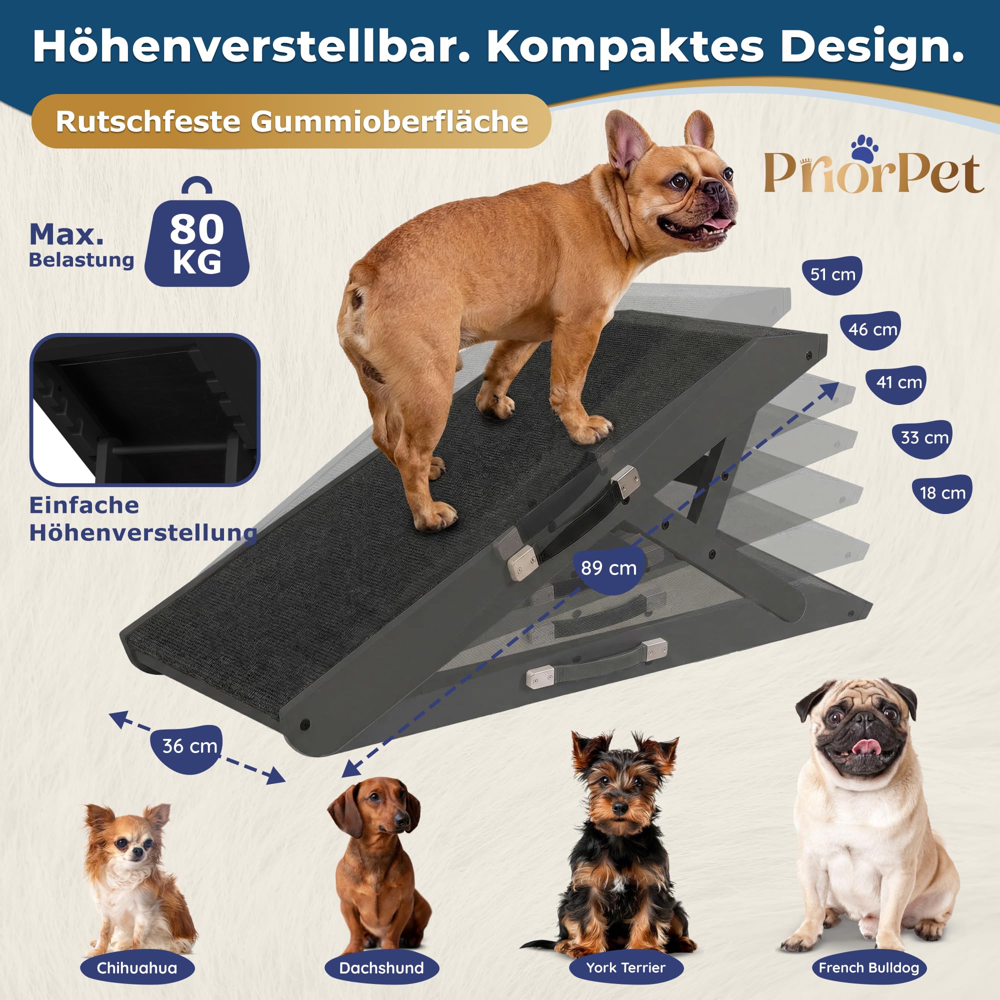 Hunderampe - Hundetreppe für kleine Hunde und große Hunde - Einstellbar 18-53 cm - Für Bett Sofa - Birkenholz - Landeplattform schließt nahtlos an - Rampe Hund Klappbar - Anti-rutsch Einsatz Schwarz