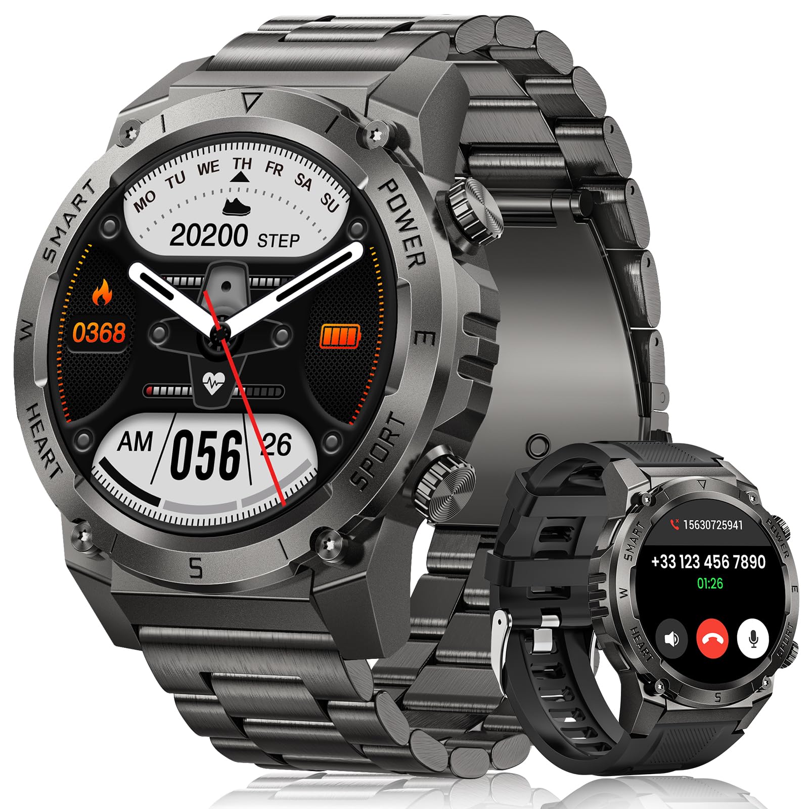Reloj Inteligente Hombre Militar, 1.46” Smartwatch Hombre con Llamadas Bluetooth, 500mAH IP68 Impermeable 120 Modos Deportivos 24/7 Pulsómetro SpO2 y Sueño, Smartwatch para Android iOS, Negro