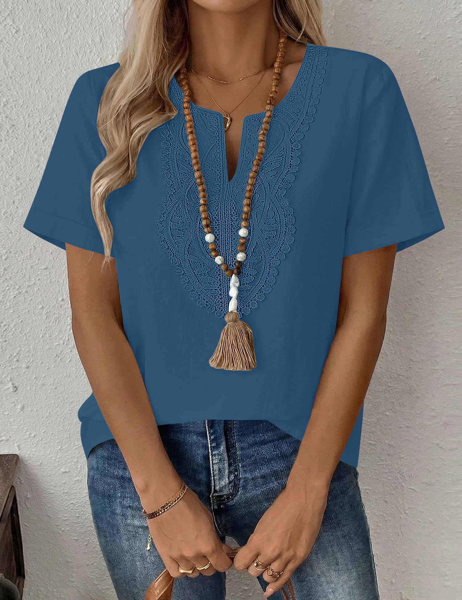 Rapbin Bluse Damen Kurzarm Baumwolle Leinen V-Ausschnitt Oberteil Locker Lässiges Sommer Tops Spitze Elegant Tunika Blusen