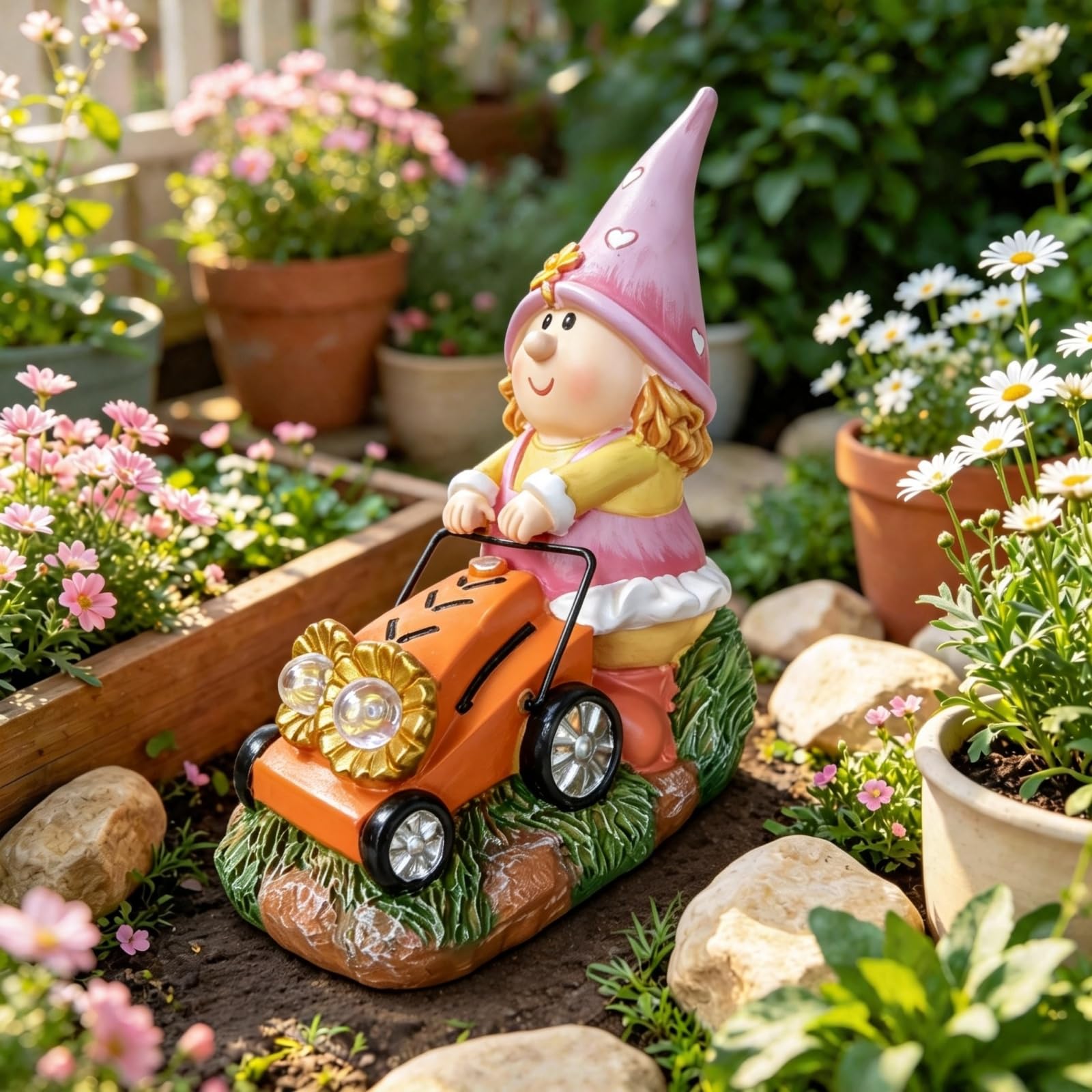Decorazioni solari da giardino per cortile, cappello a forma di cuore rosa, statuetta gnomo per cavalcare statue tosaerba, stravagante decorazione per esterni, giorno del Ringraziamento, regalo unico