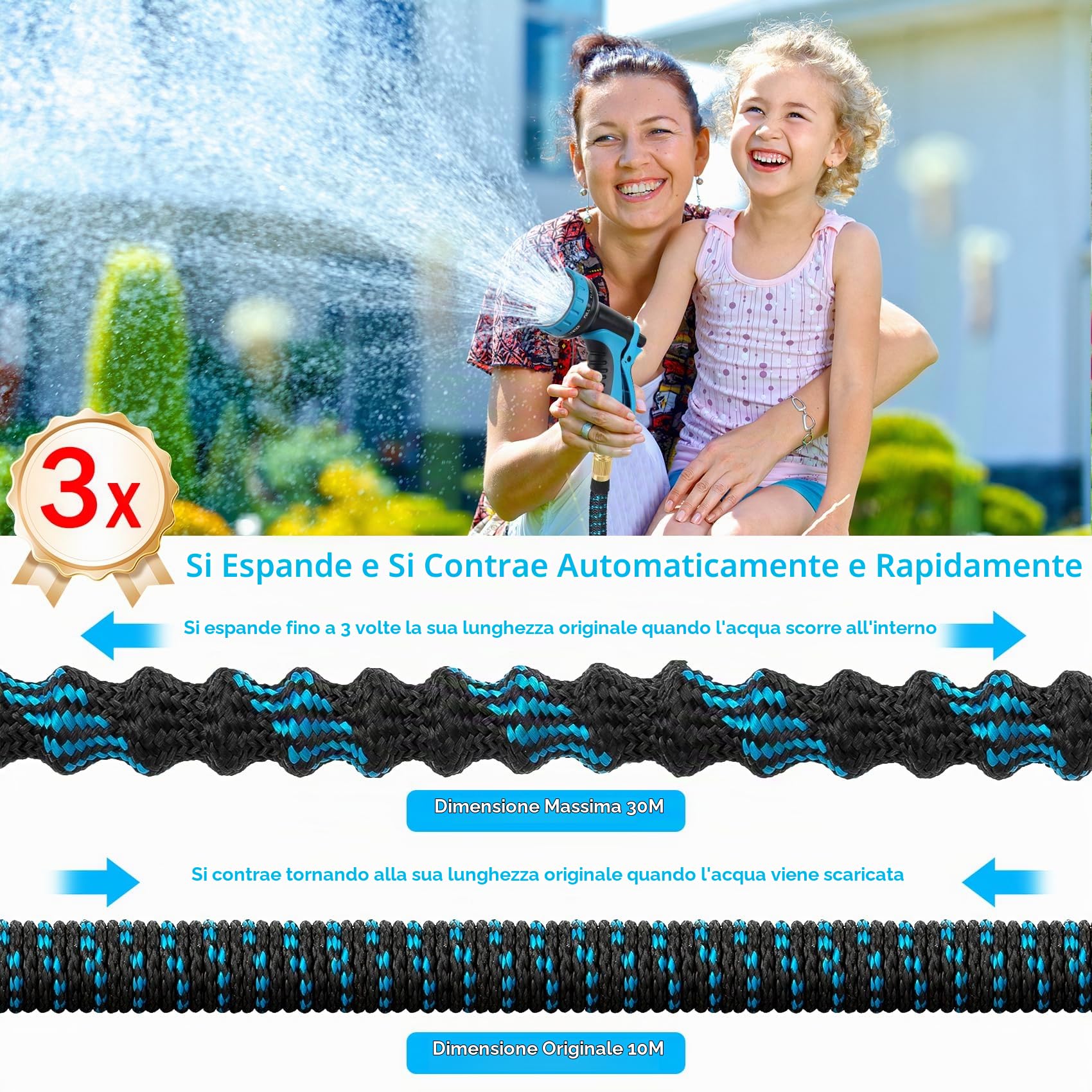 Tubo Acqua Giardino Estensibile 30m, Flessibile con Adattatori 1/2" e 3/4", Pistola Giardino Multifunzione, Canna Acqua per Irrigazione, Giardinaggio, Lavaggio Auto, Nero e Blu