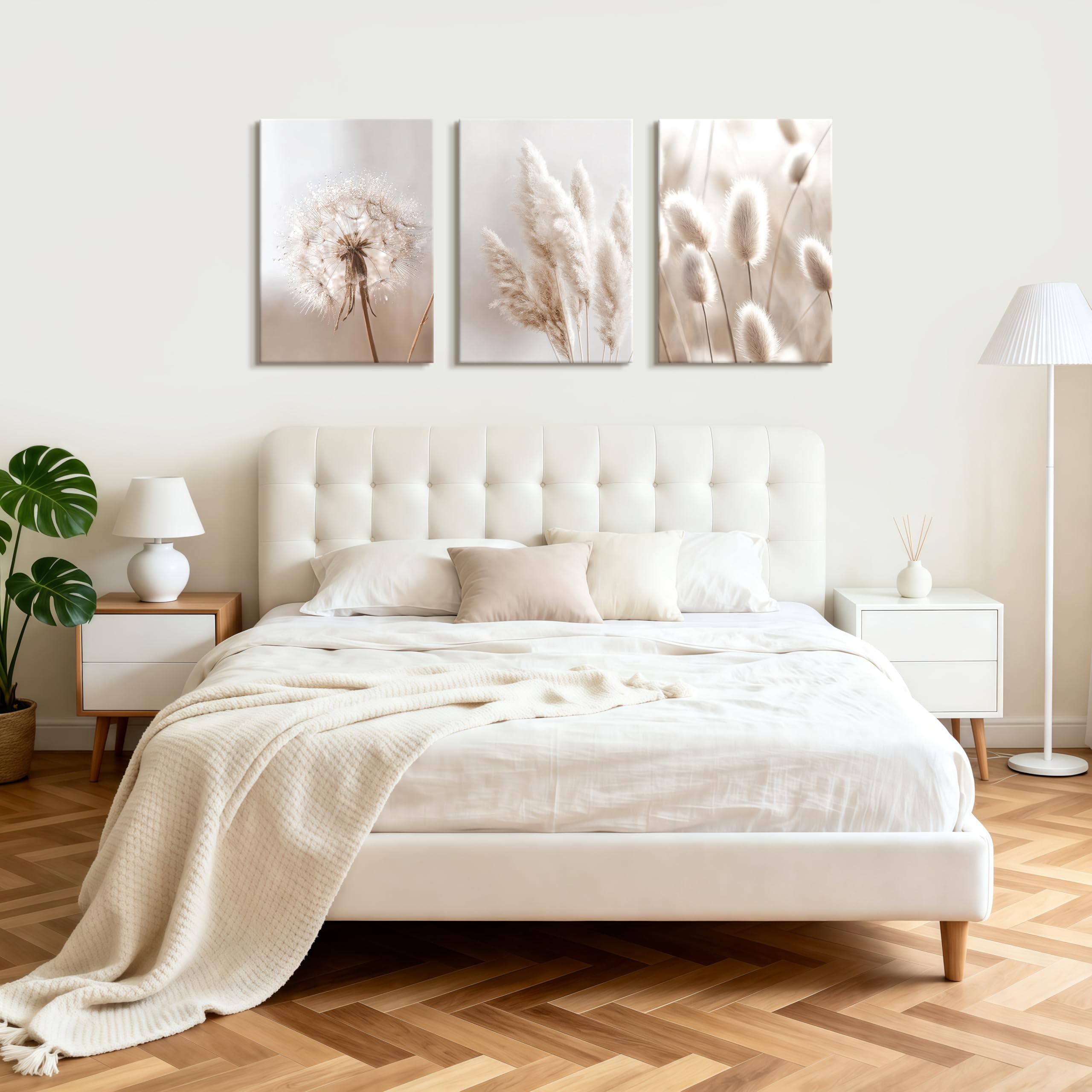 WENGTIAO 3 Stück Beige Weiße Botanische Leinwand Bilder Kunstdrucke Gerahmt, Löwenzahn Schilf und Hasenschwanzgras Wandbilder auf Leinwand für Modern Wohnzimmer Schlafzimmer Wand Deko 40x60cmx3