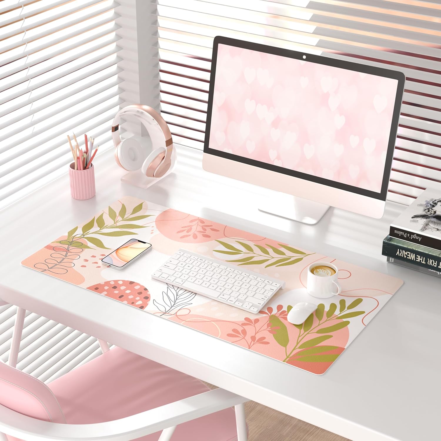 QIYI Large Mouse Pad, Cute Desk Mat for Desktop, Women Girls Minimalist Pink Office Desk Accessories, PU Leather Waterproof Gaming Mousepad, Tropical Leaves Desk Pad Computer Mat, 31.5" x 15.7" - Image 2
