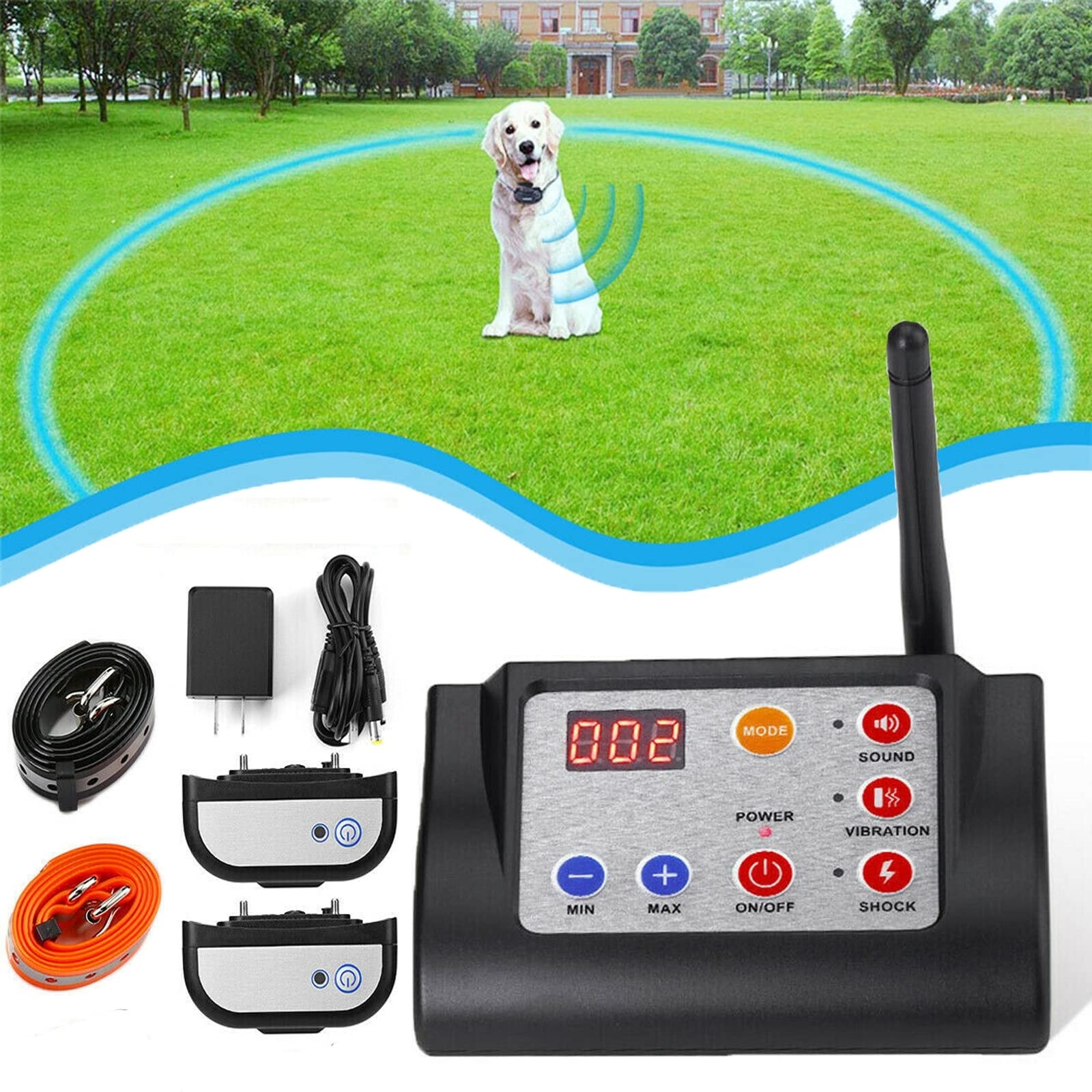 Wireless Dog Fence Electric Training Collar 2-in-1 Safe Effective Vibrate Shock Dog Fence Adjustable Range Pets Dog Containment