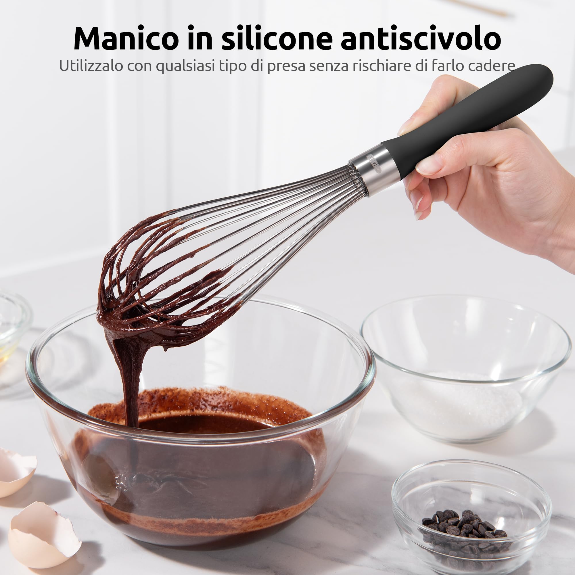 U-Taste Frusta da Cucina: 30 cm Grande Frusta a Palloncino in Acciaio Inox 18/10, con 12 Fili Altamente Flessibili e Manico in Silicone per Battere, Mescolare Impasti e Creme (Nero)