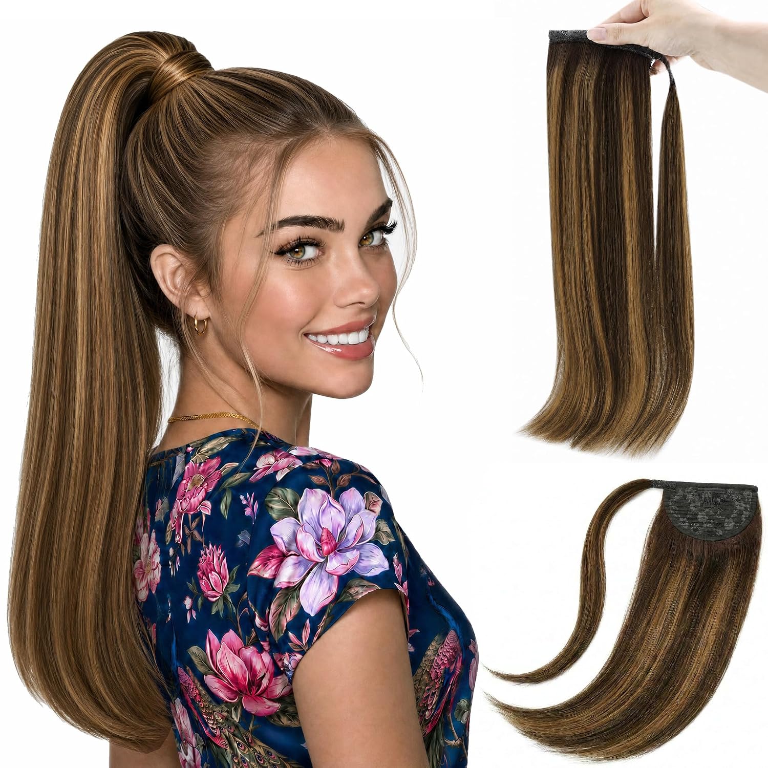 Ponytail Extension Human Hair - 16 Inch Dark Blonde Highlights