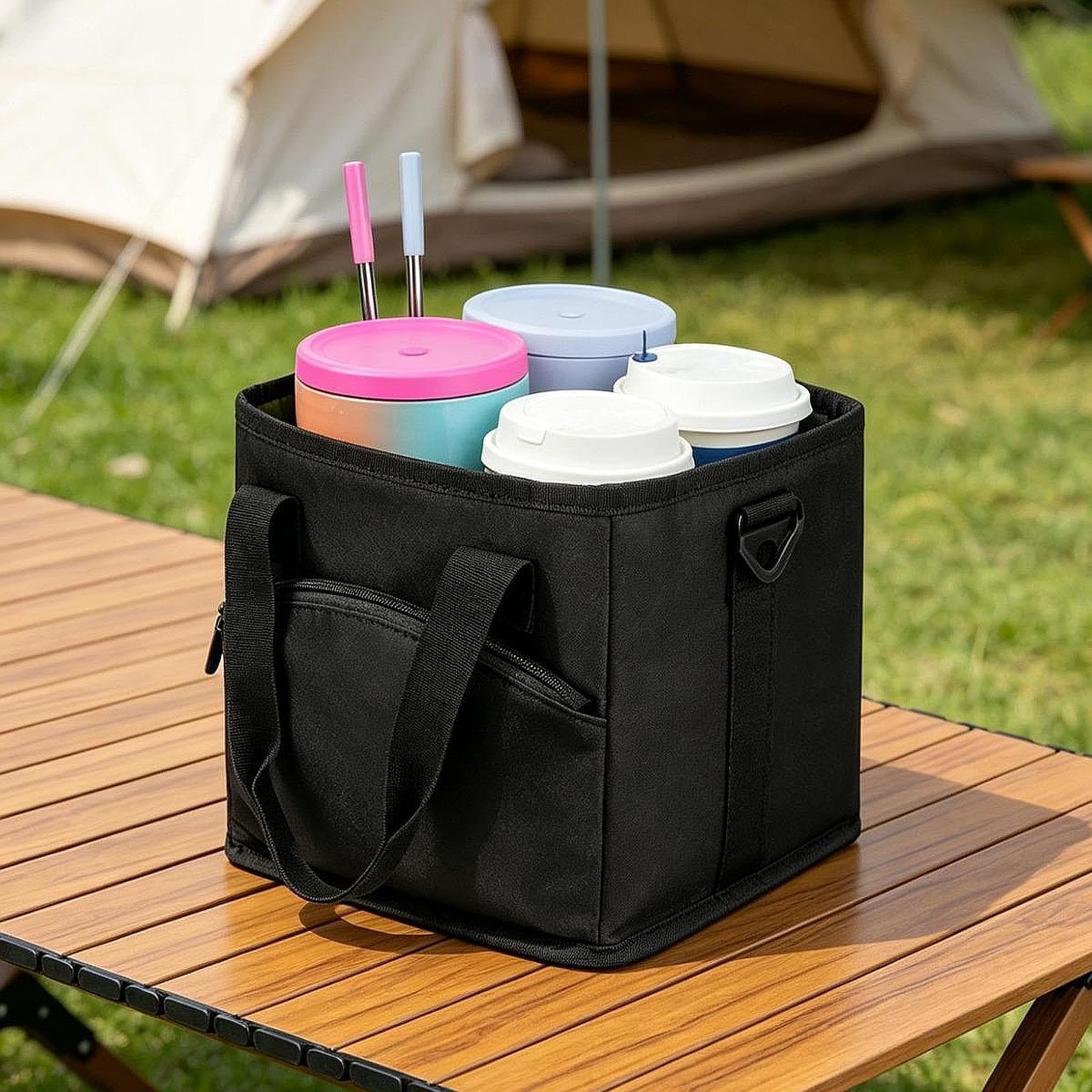 Amagogo Borsa Termica Isolante per Bevande con Portabottiglie, Idrorepellente, con Tasca Frontale E 4 Scomparti per Auto, Campeggio E Consegne, Nero