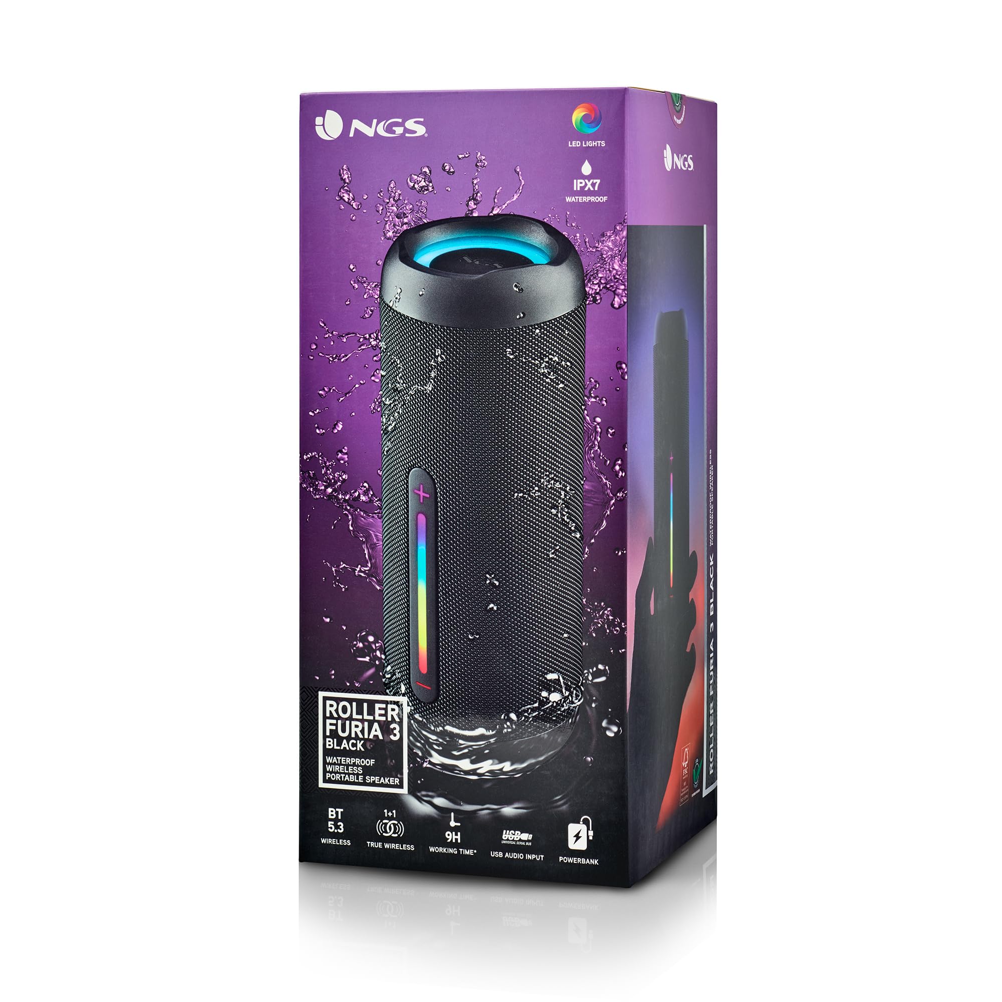 NGS Roller Furia 3 Black - Altavoz Inalámbrico Compatible con Bluetooth, Impermeabilidad IPX7, 60 W, True Wireless, USB, Duración Batería 9 Horas, Negro