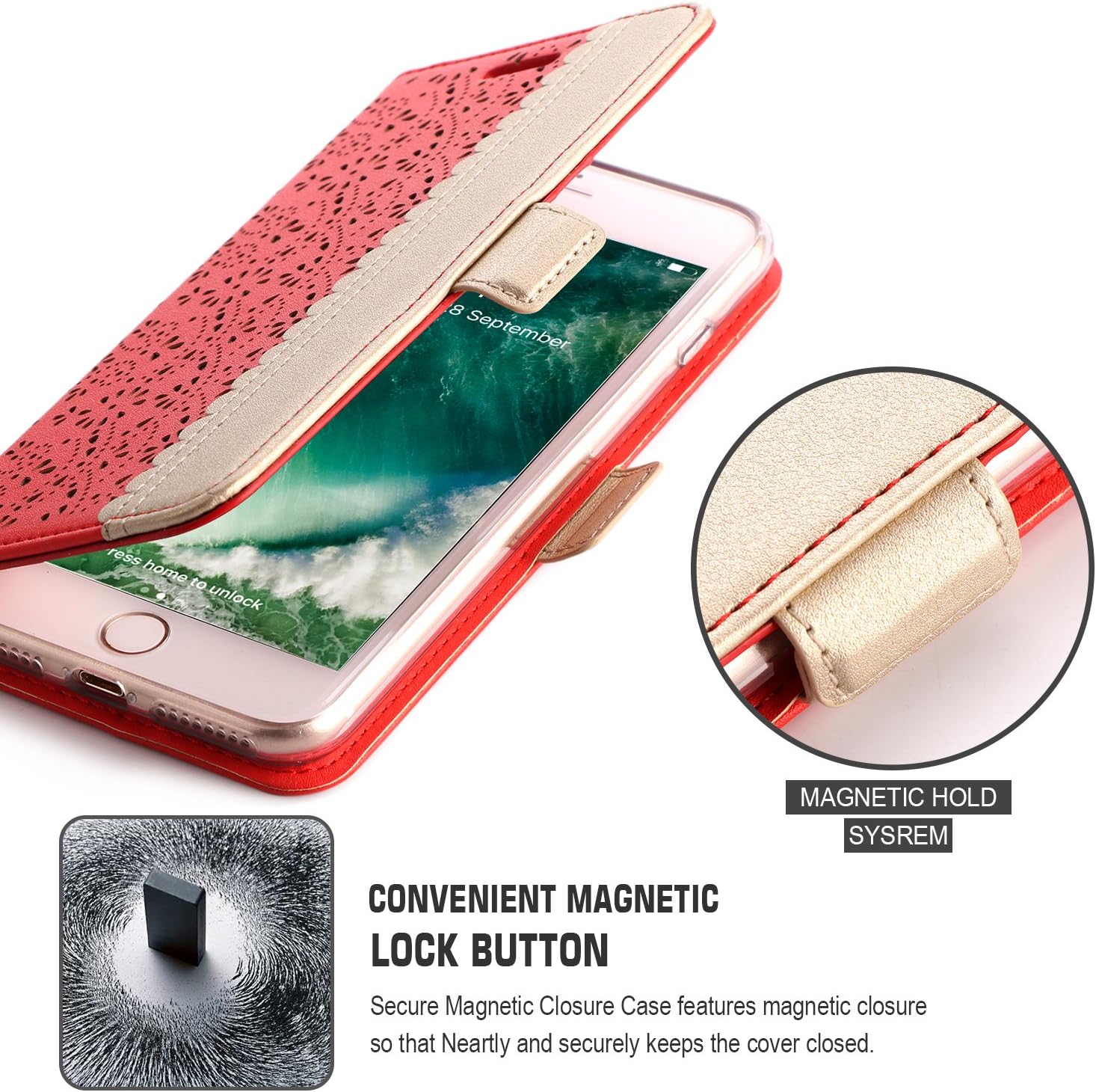 WWW iPhone 8 Plus Case,iPhone 7 Plus Case, [Mirror Series] RFID-Resisting PU Leather Case Kickstand Flip Case with Card Slots and Mirror for iPhone 7 Plus/8 Plus Red