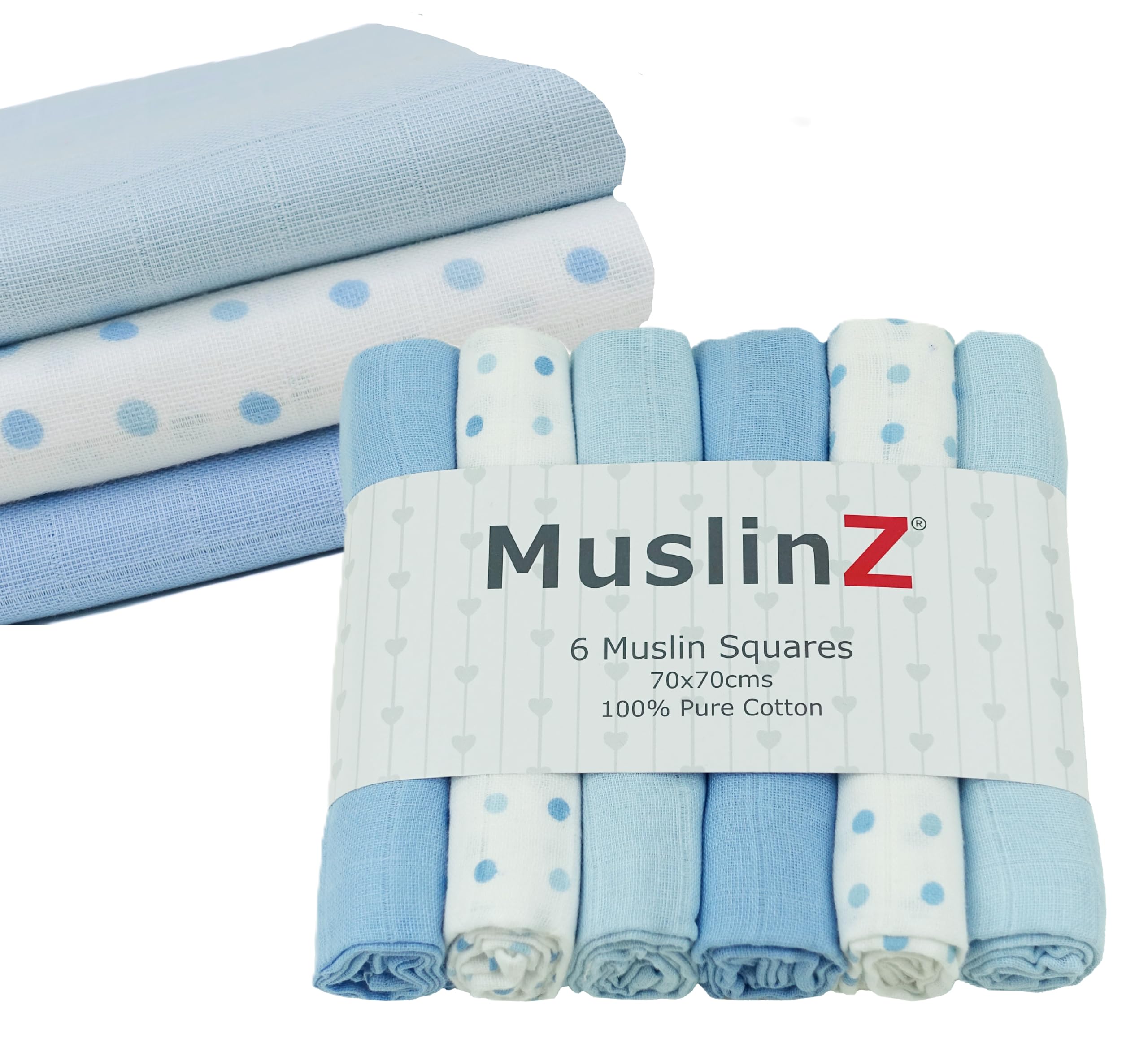 Muslinz Blue Combo - 6 Pack Muslin Squares Baby Burp Cloths 70X70cms Perfect For Newborns, Multi-Use, Oeko-Tex Standard 100, Uk Brand. (Blue Combo)