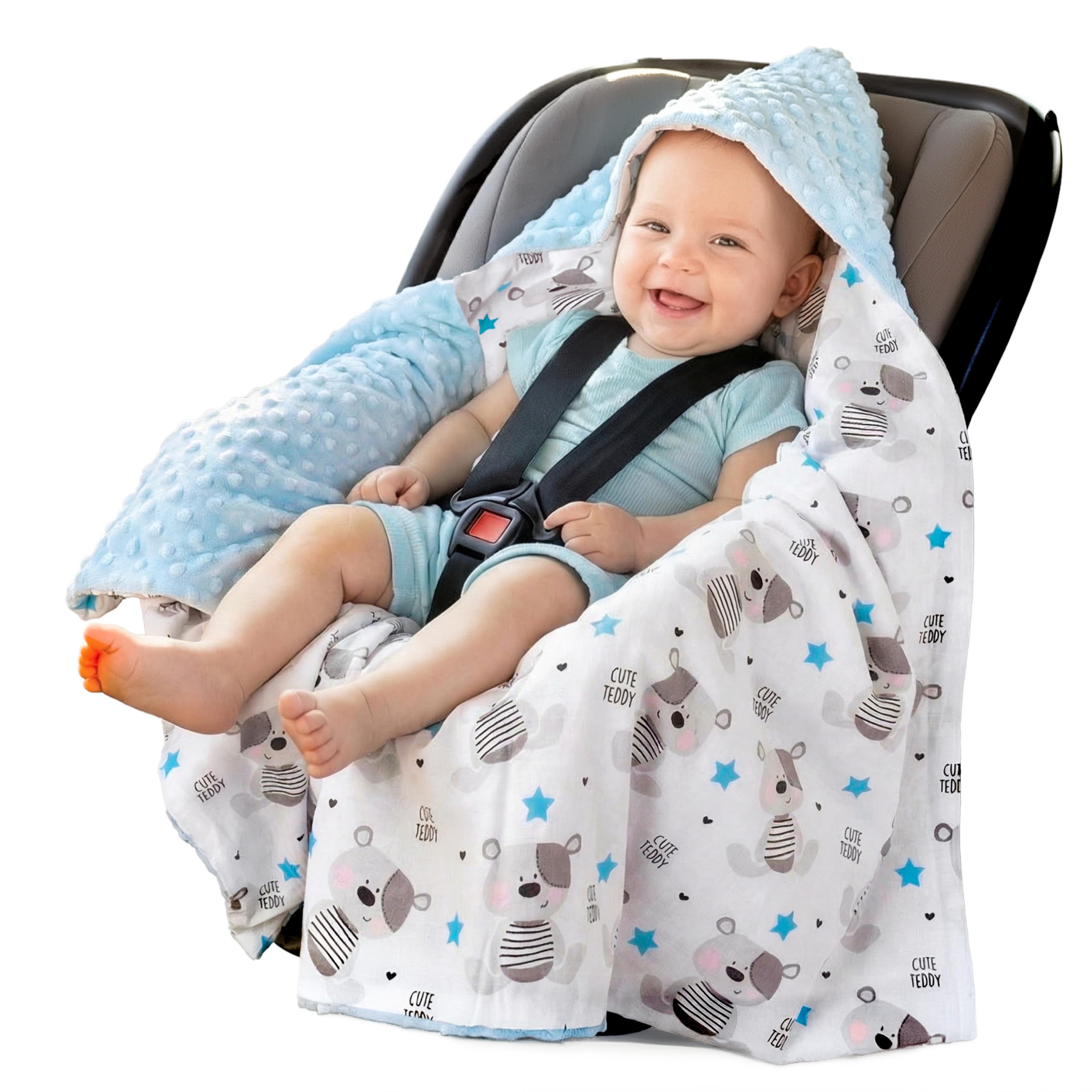 Medi Partners Einschlagdecke Baby Babyschale 100% Baumwolle für Sommer 85x85cm Kinderwagen Kuscheldecke universal Baby Decke Einschlagdecken Babydecke Buggy Autositz(Teddybär mit hellblauen Minky)