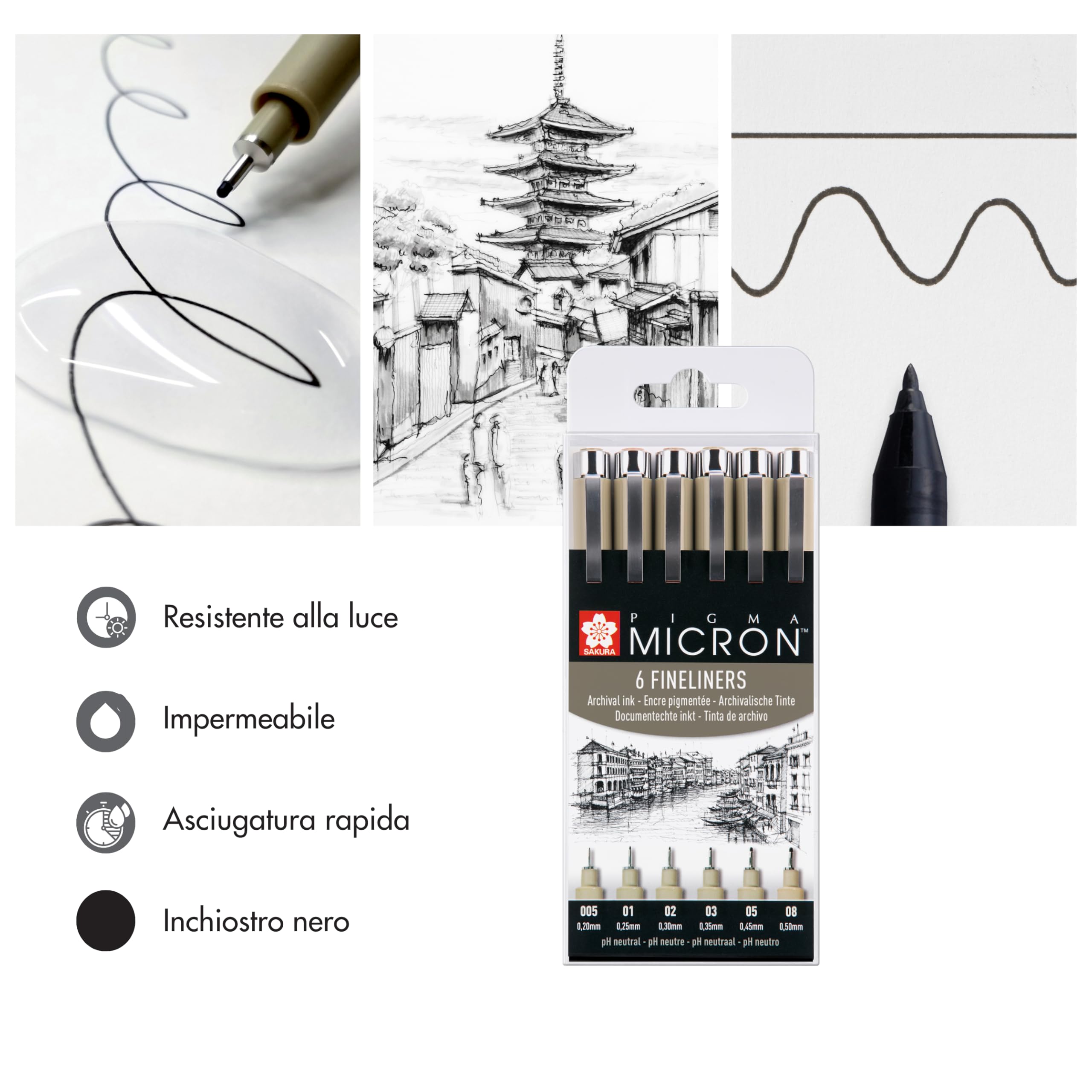 SAKURA Pigma Micron Fineliner Set 6 penne inchiostro nero permanente impermeabile misure assortite