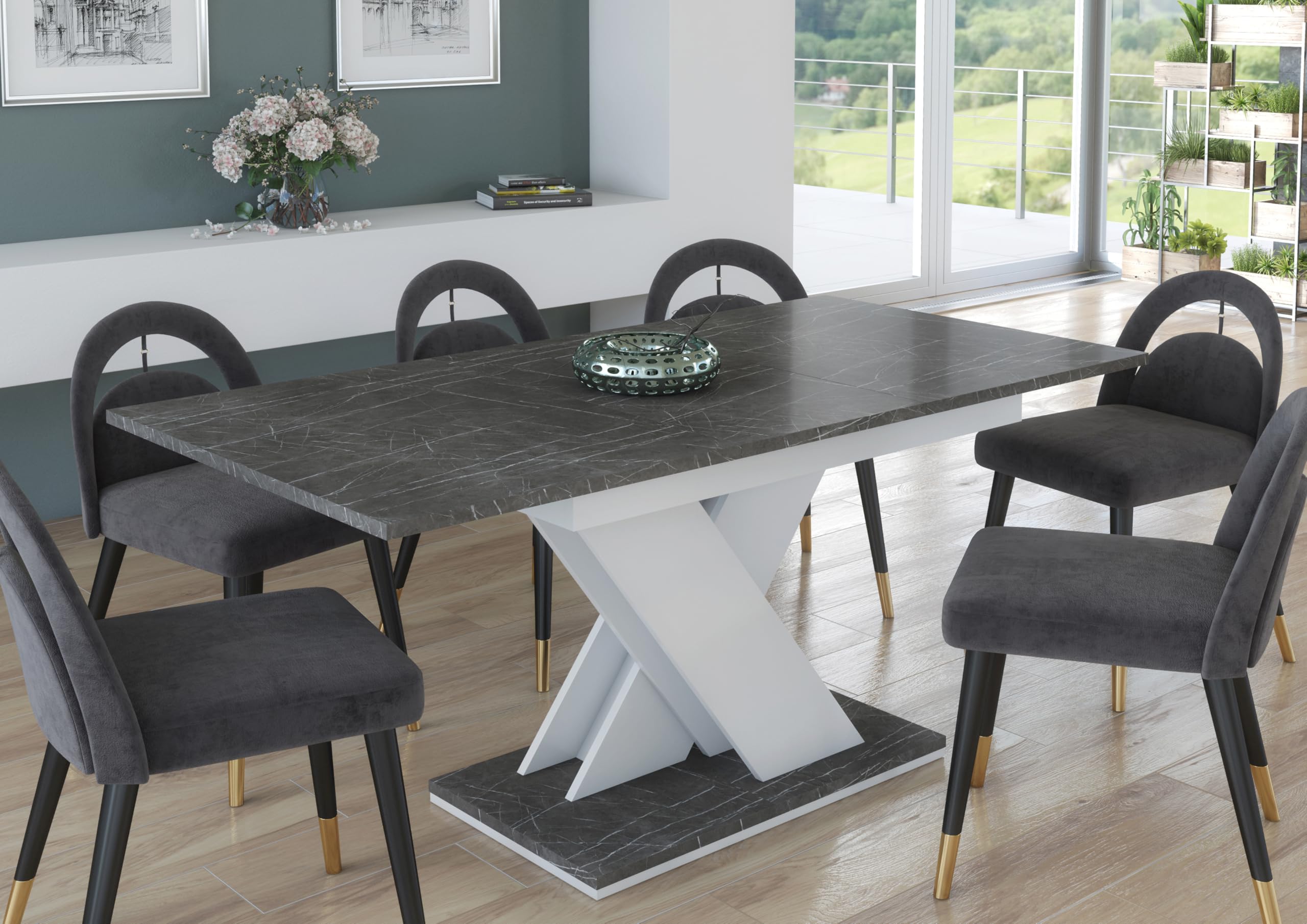 FurneoTavolo 02 – Modern Extendable Dining Table Only, 120–160 cm, Grey Marble Effect Finish