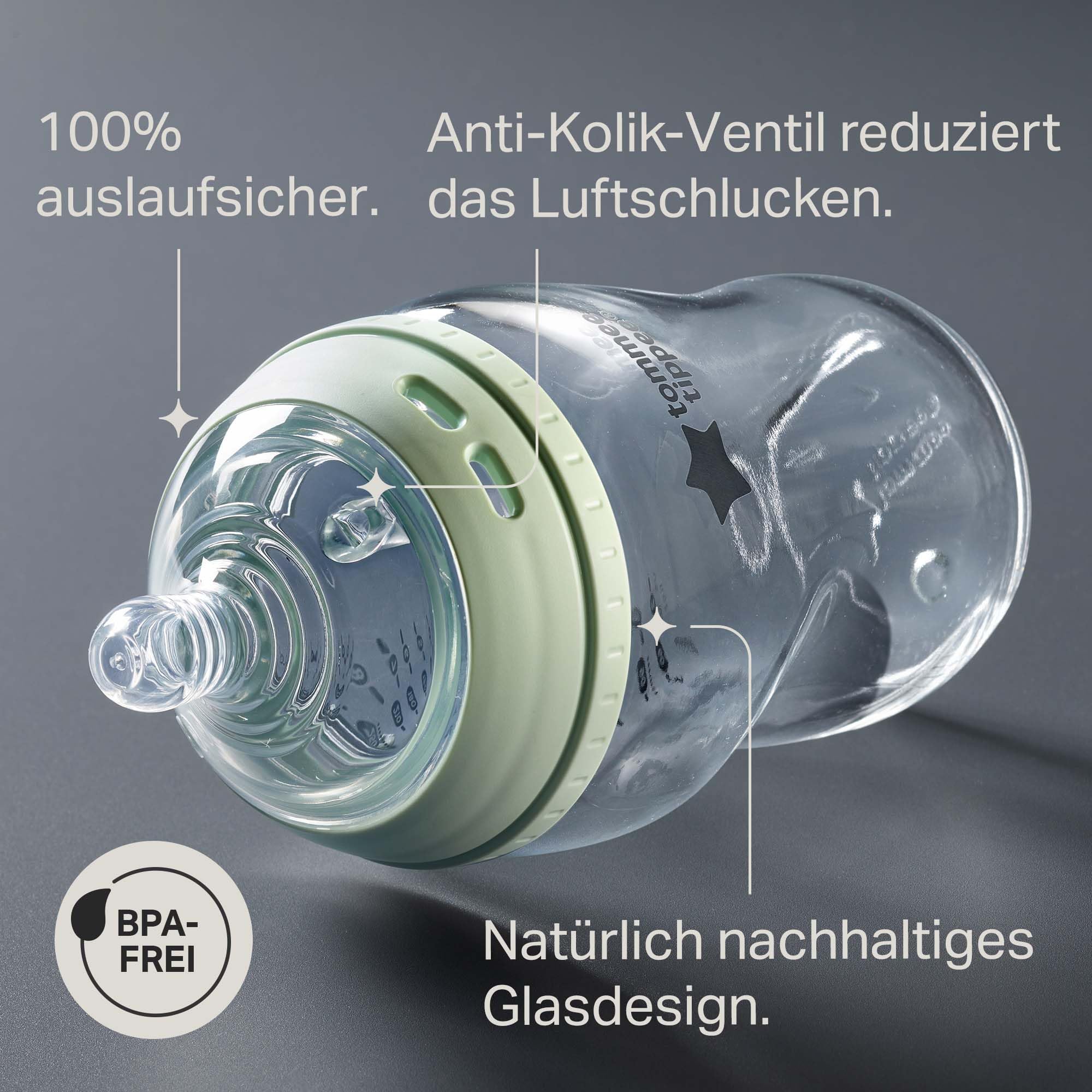 Tommee Tippee-Babyflaschen, Natural Start-Set aus Glas für Neugeb., Anti-Kolik-Flaschen (150ml und 250ml), brustähnl. Sauger, selbst steril., Zubehör