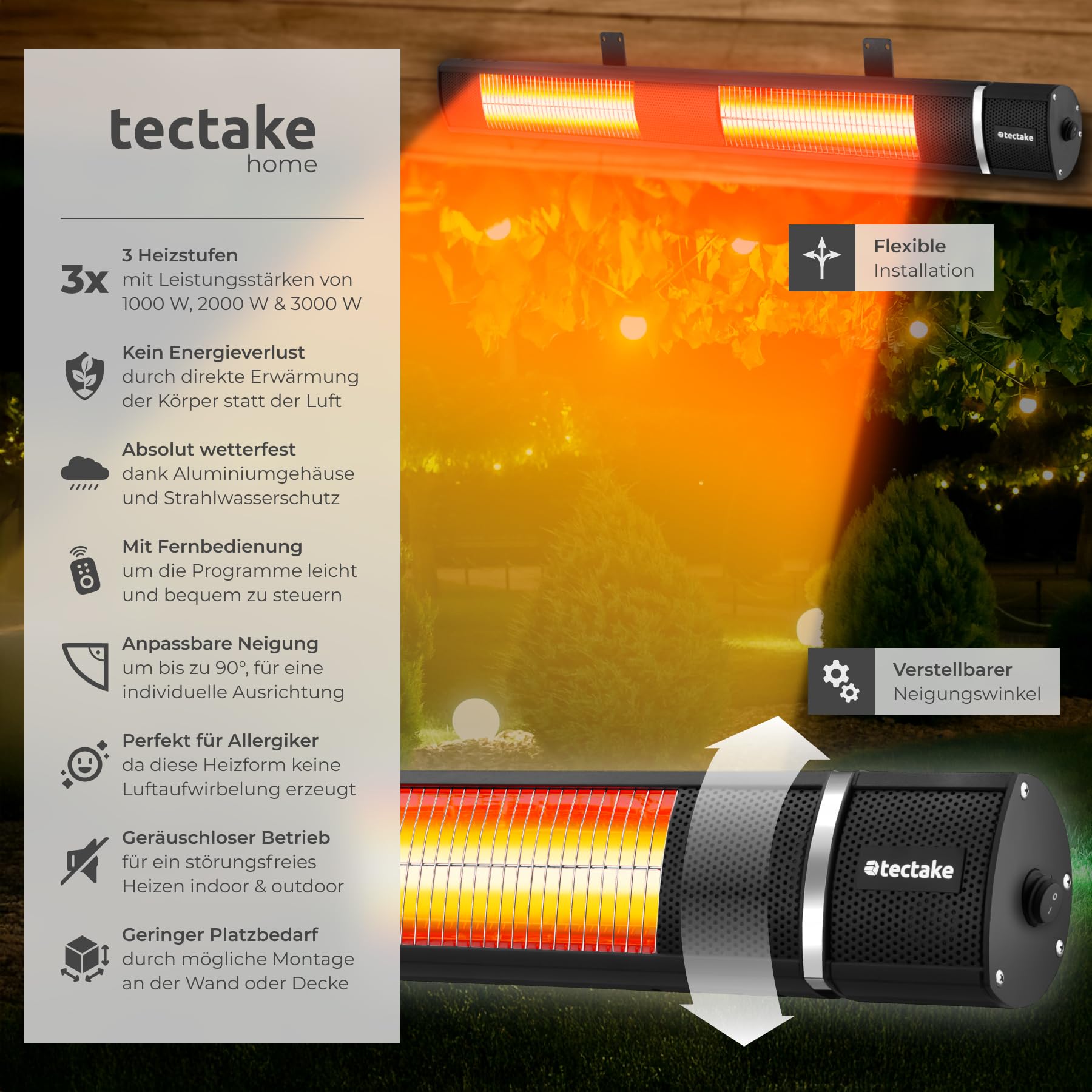 tectake® Infrarot Heizstrahler mit Fernbedienung als Wandheizung oder für Decke, outdoor und indoor, Wärmelampe hängend für Terrasse, Infrarotheizung Camping, elektro Wärmestrahler 3000W