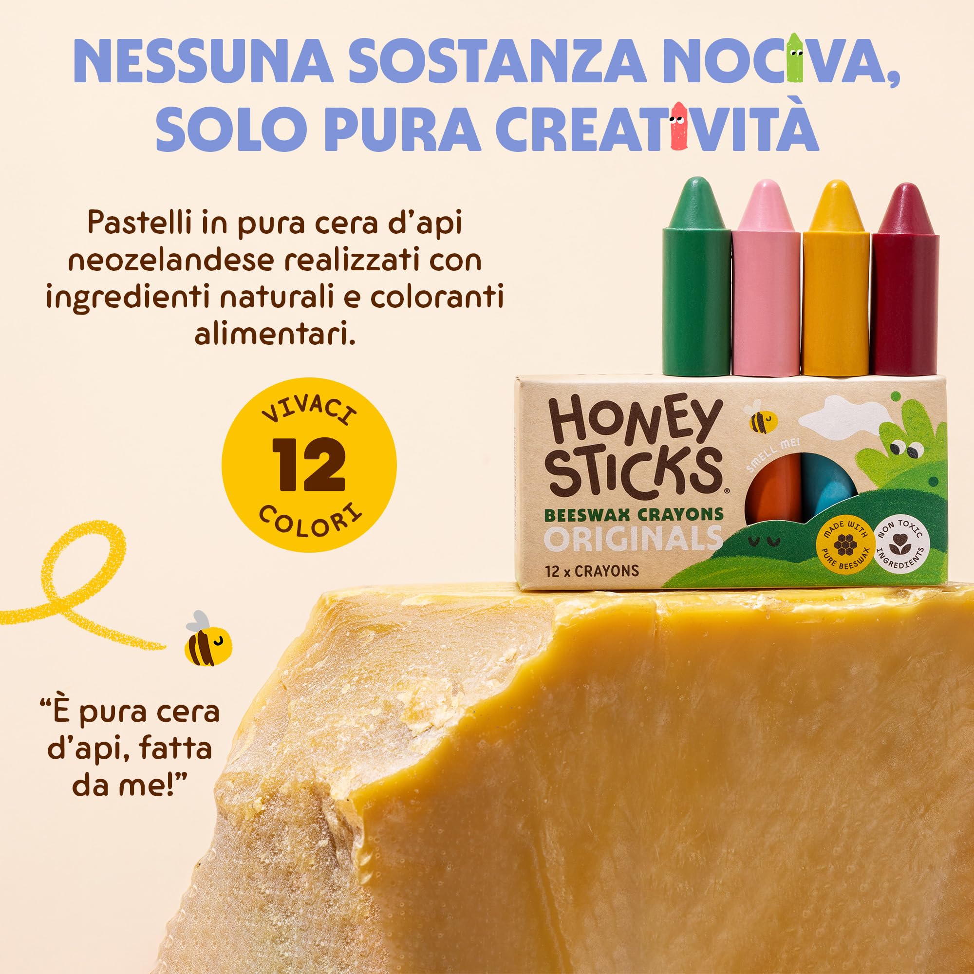 Honeysticks - Pastelli in 100% pura cera d’api (confezione da 12 pezzi). Naturali, atossici e sicuri per tutti i bambini, da 1 anno in su. Fatti a mano in Nuova Zelanda.