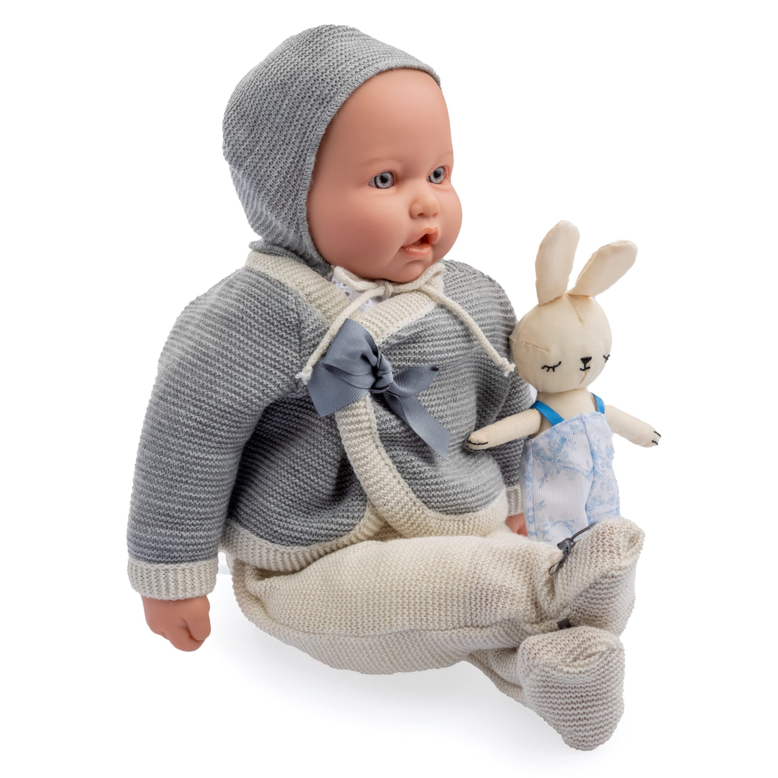 JC TOYS - Oryginalna kolekcja Baby Vintage lalka 43 cm, miękka tkanina, dzianina, smoczek i pluszowa, zamknięte oczy, beżowy i szary, chłopiec, zaprojektowany w Hiszpanii przez Berenguer, 2 lata