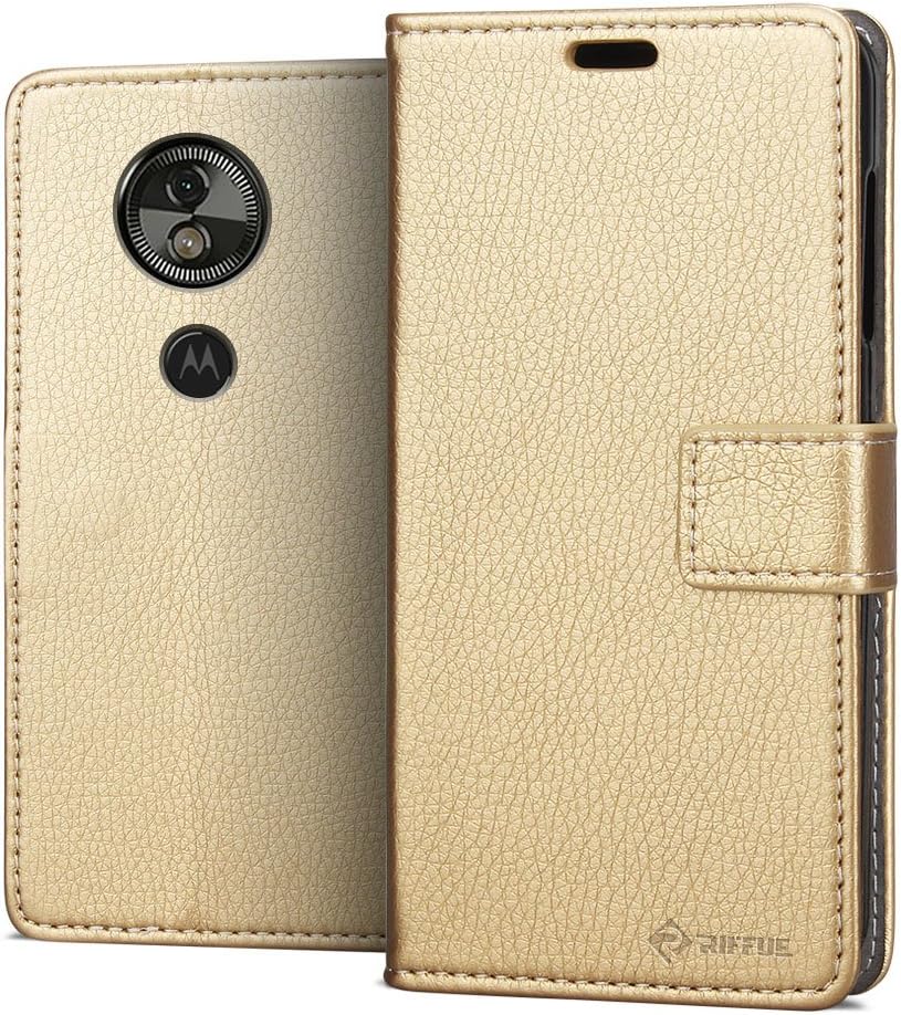 RIFFUE Moto G6 Play Case, Moto E5 Case, Soft Flexible PU Leather Flip Wallet Cover Protective Phone Case for Moto E5 (Not Moto E5 Play) with Kickstand, Card Slots and Magnetic Closure - Gold