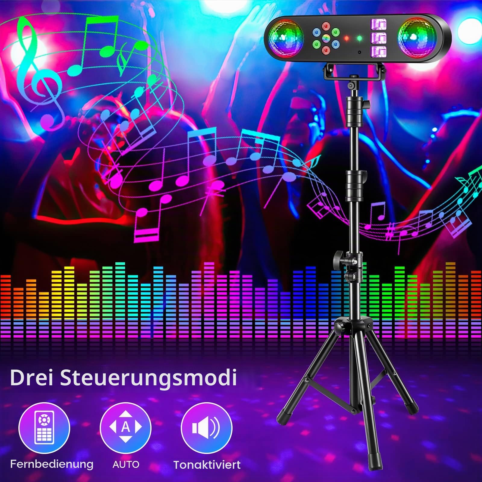 U`King Discolicht Partylicht mit Stativ und Fernbedienung, 5 in 1 DJ Discolicht Rotierende Kugeln/UV/Stroboskope/bunte LED Par Lichter//Gobos für Urlaub Party Kinder Geburtstag Lichteffekte Weihnach