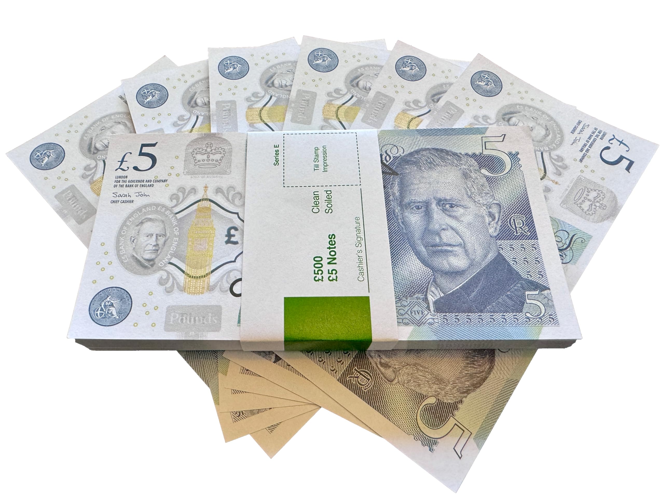 BIG SCREEN STACKS Prop Money UK, 100 Fake £5 King Charles Notes for Film TV & Photography