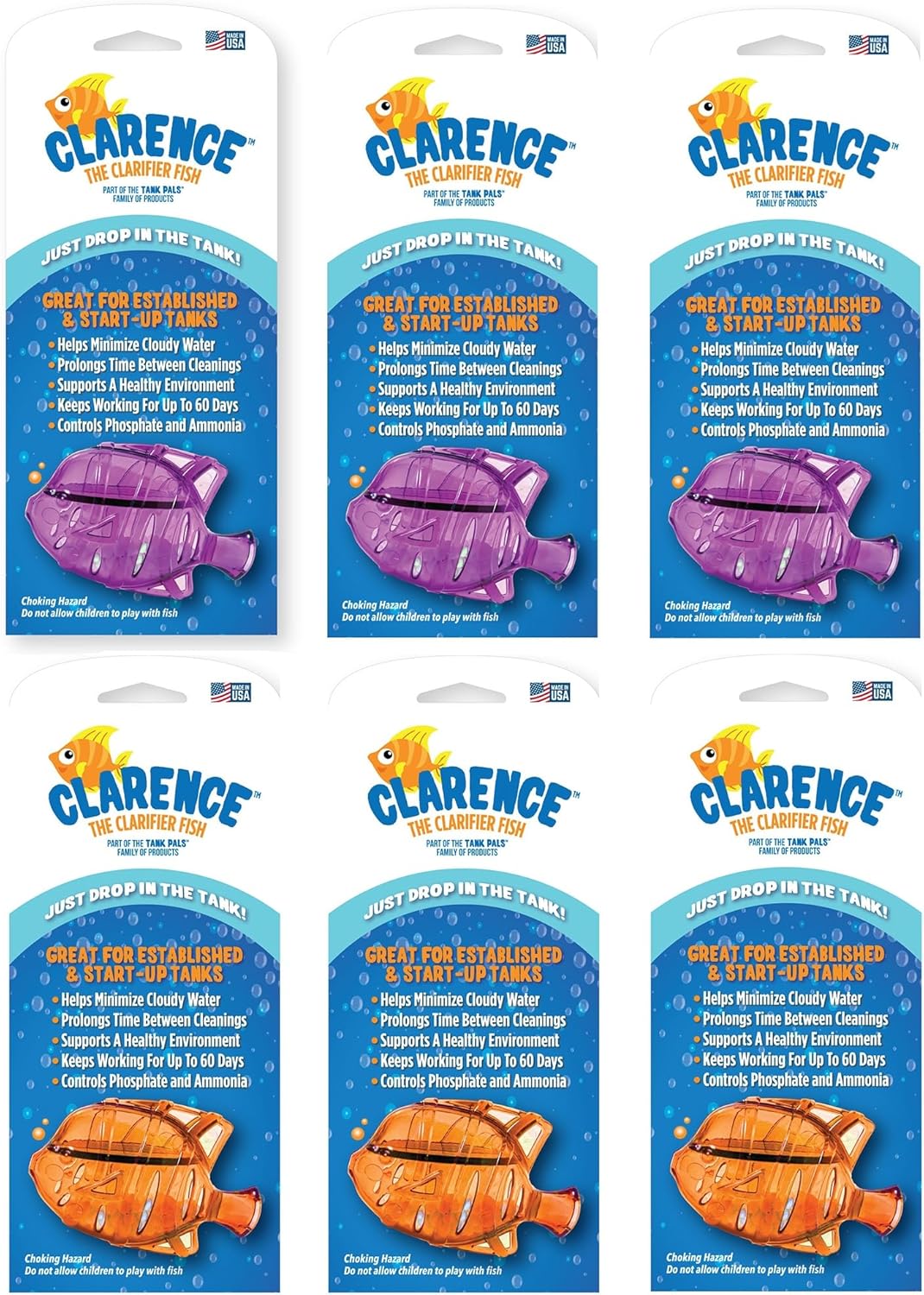 Clarence the Clarifier Fish - 6 pk, Purple-Orange - Aquarium Treatment, Clear Cloudy Fresh-Saltwater, Fish Safe, 10gal Tank Maintenance Ea