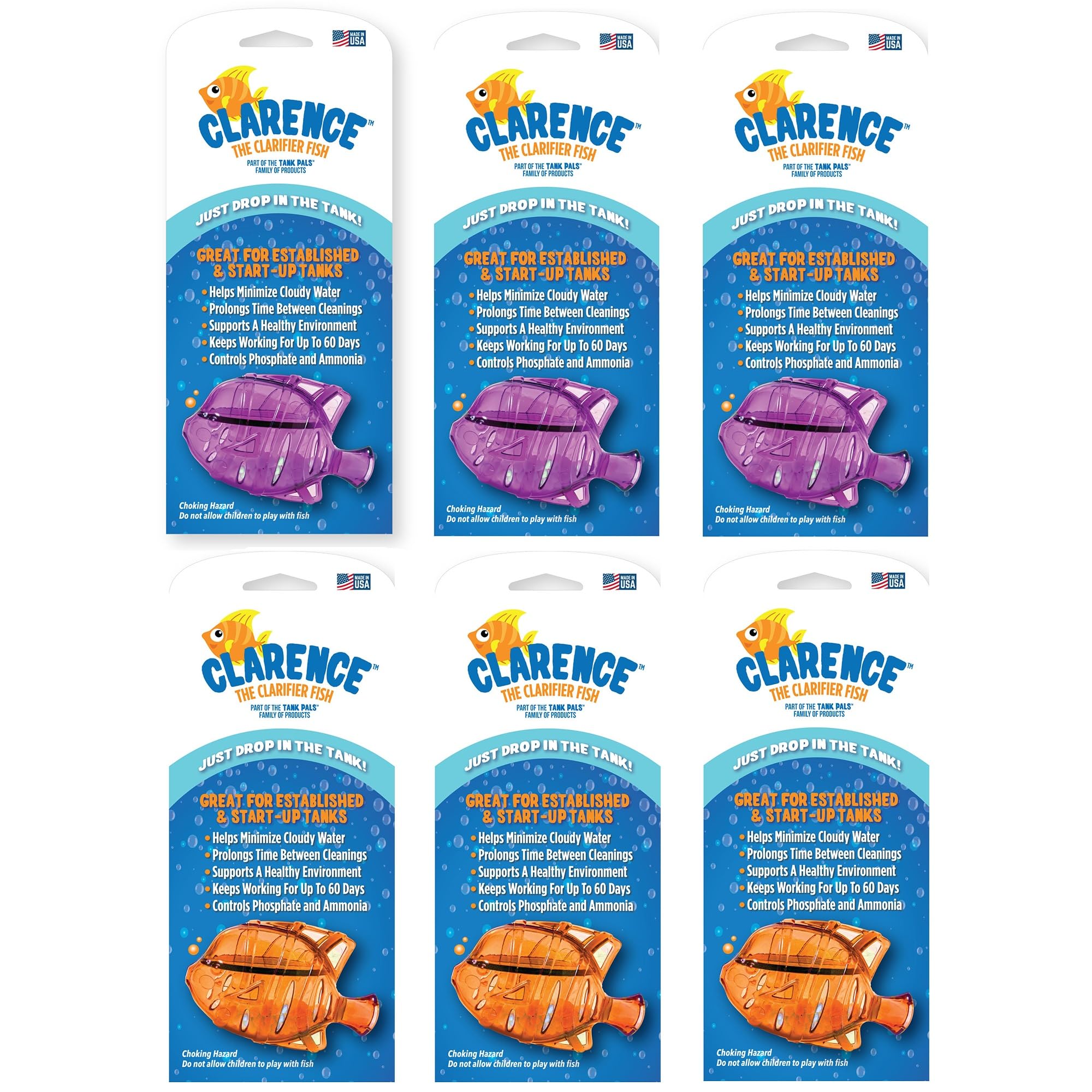 Clarence the Clarifier Fish - 6 pk Purple-Orange - Aquarium Treatment Clear Cloudy Fresh-Saltwater Fish Safe 10gal Tank