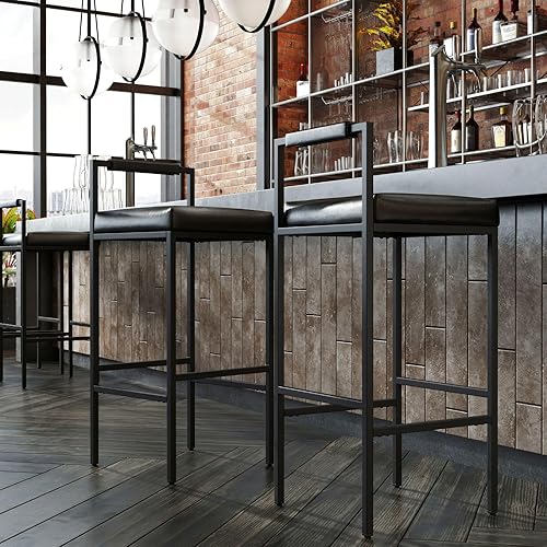 Miniatura 6 de Juego de 2 taburetes de bar negros de piel sintética con patas de metal, taburetes industriales de 30 pulgadas con respaldo tapizado para isla de