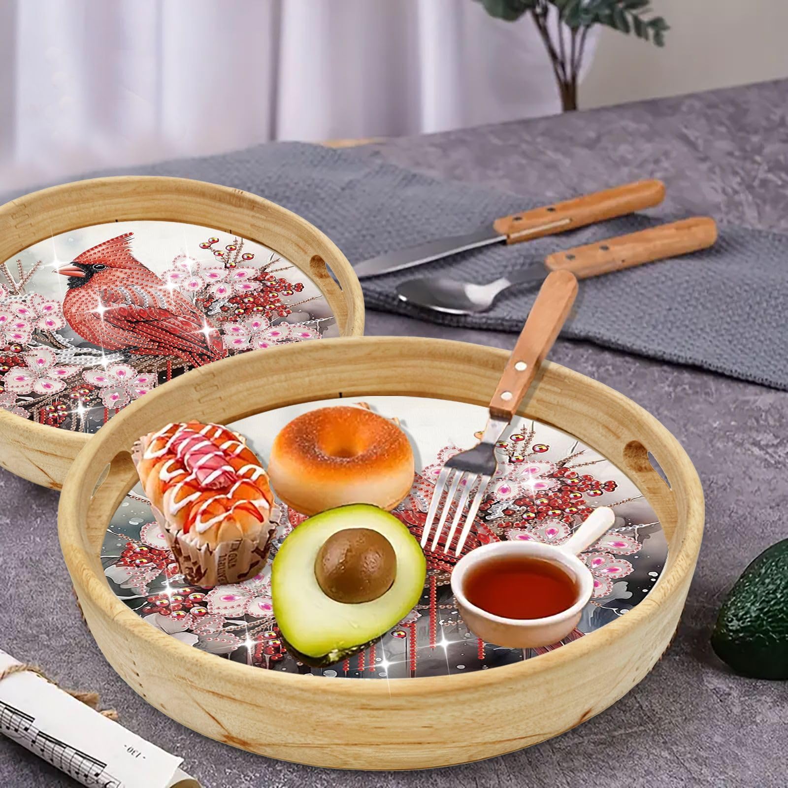 ARTopet 2Pcs DIY Diamond Tray Round Diamond Art Painting Creative Design Handmade Wooden Tray Dinner Plate Diamond Art for Coffee Living Room Home Organizer Diameter 25.5cm
