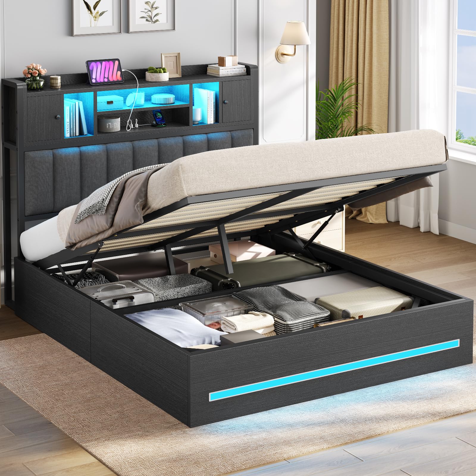 AOGLLATI Bett 140x200 mit Hydraulischem Stauraum & Kopfteil Stauraum Polsterbett Jugendbett mit LED Beleuchtung und Ladestation Doppelbett Bettgestell mit Lattenrost aus Holz(Schwarz, 140x200cm)