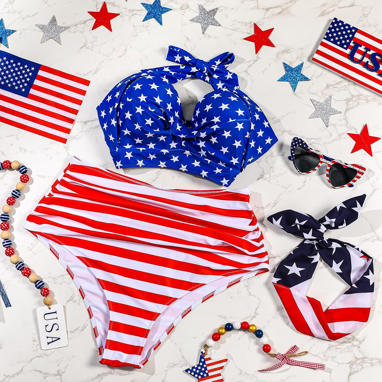 JaGely Women American Flag High Waisted Bikini Patriotic Swimsuit with Headband and Sunglasses for 250th Anniversary
