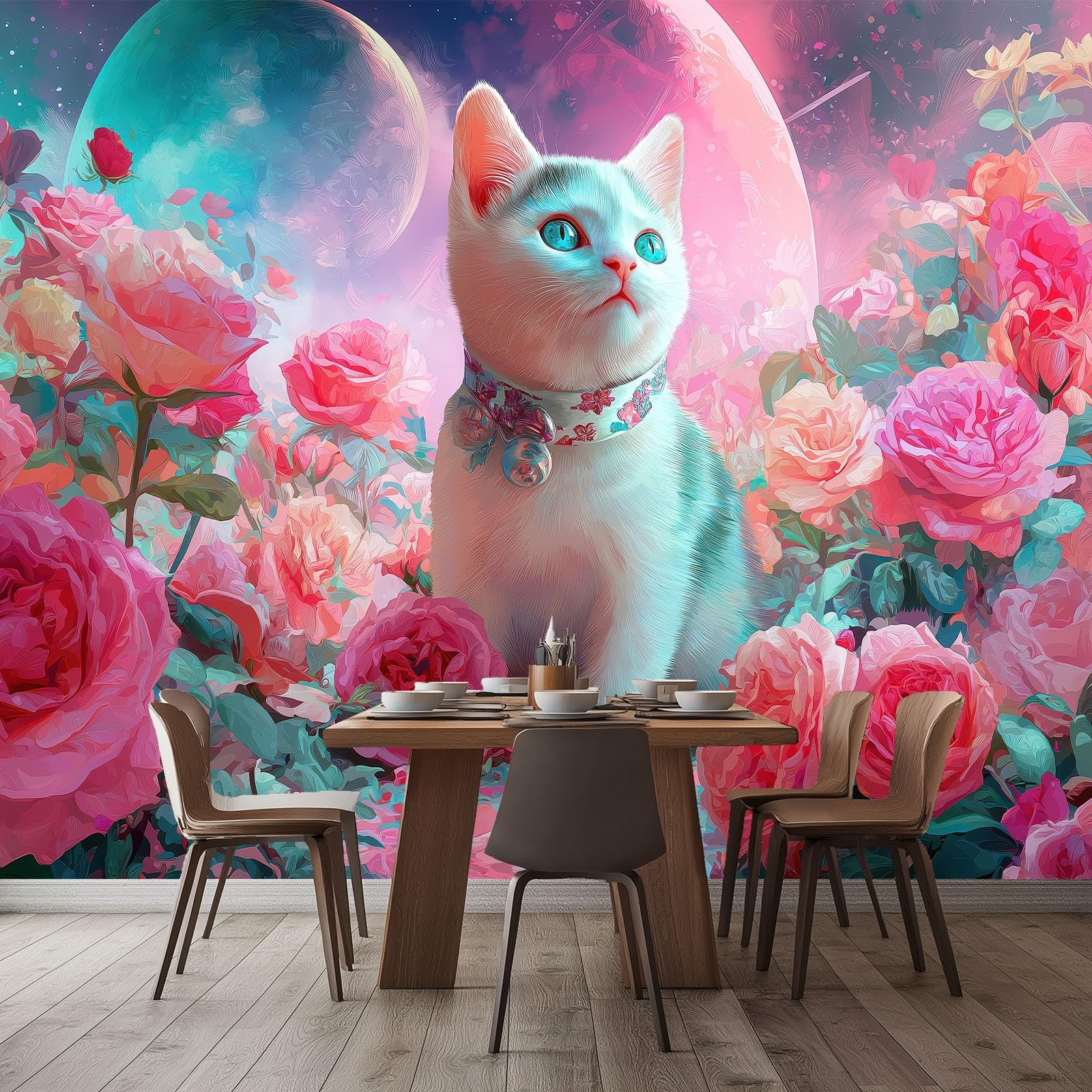 3D Fantasy Kosmos Kwiat Ogród Koty Włóknina Tapeta Mural 350 x 256 cm, Różowe Duże okładziny ścienne, Wklej na ścianę dla dziewcząt, chłopców, sypialni, przedszkola, nastolatków, pokoju zabaw, wystrój