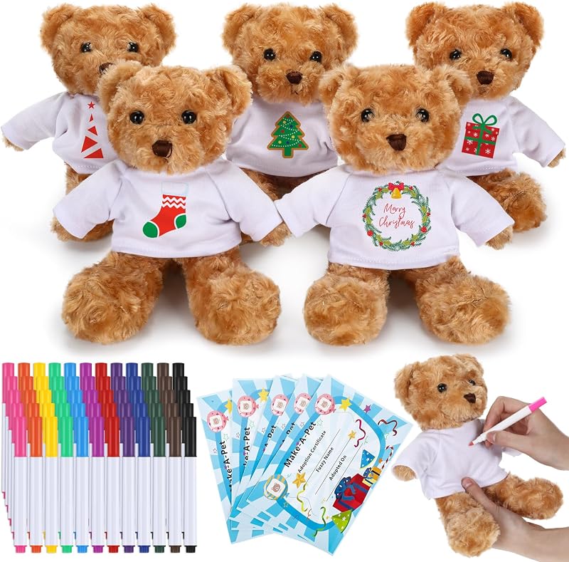 Blueweenly 5 Set Make Your Own Stuffed Plush Bear Animal Kit, Brown | Back School DIY Teddy Bear Craft Kit Gift Including 5 9.84 Inches Velvet Animal with T Shirts and Markers for Class