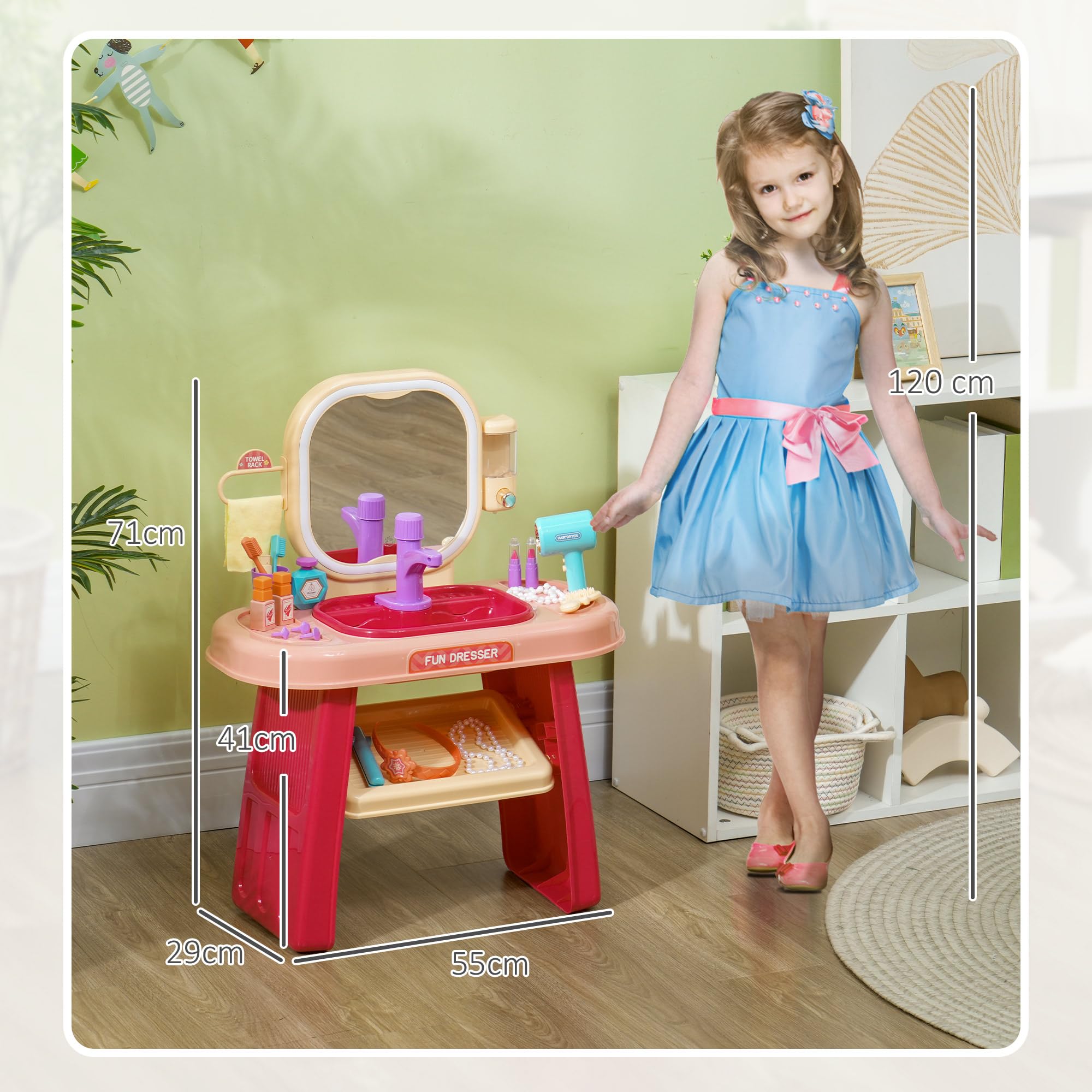 AIYAPLAY - Juego de tocador para niños, 23 Unidades, Mesa de Maquillaje con Espejo, luz LED y música, para niños de 3 a 6 años, Color Rosa