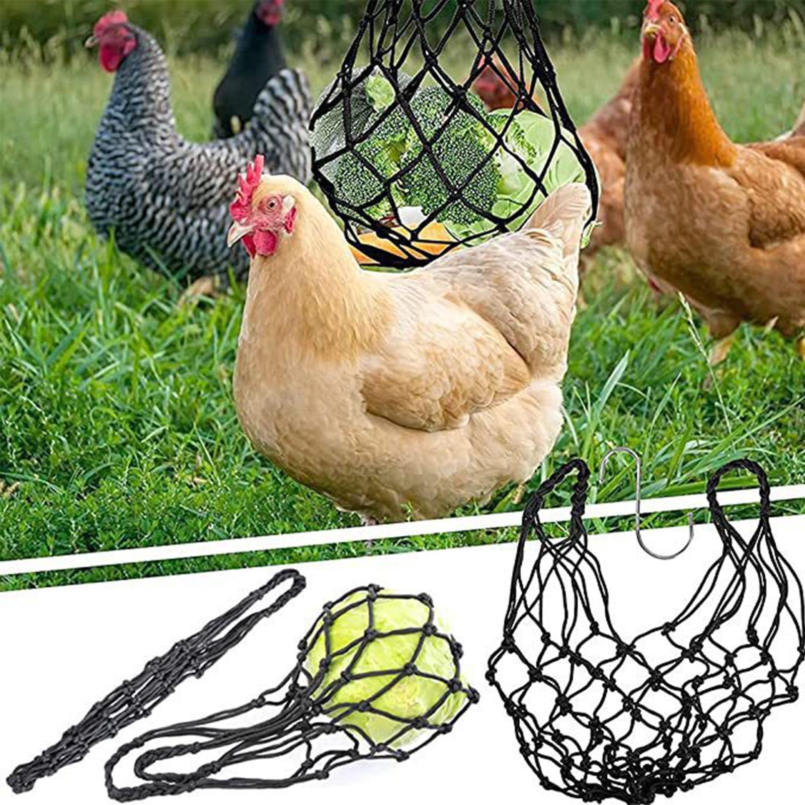 2 Reti Porta Verdure Per Pollai Con Gancio A S - Alimentatore Per Polli In Acciaio Inox E Nylon (giallo E Nero) - 3