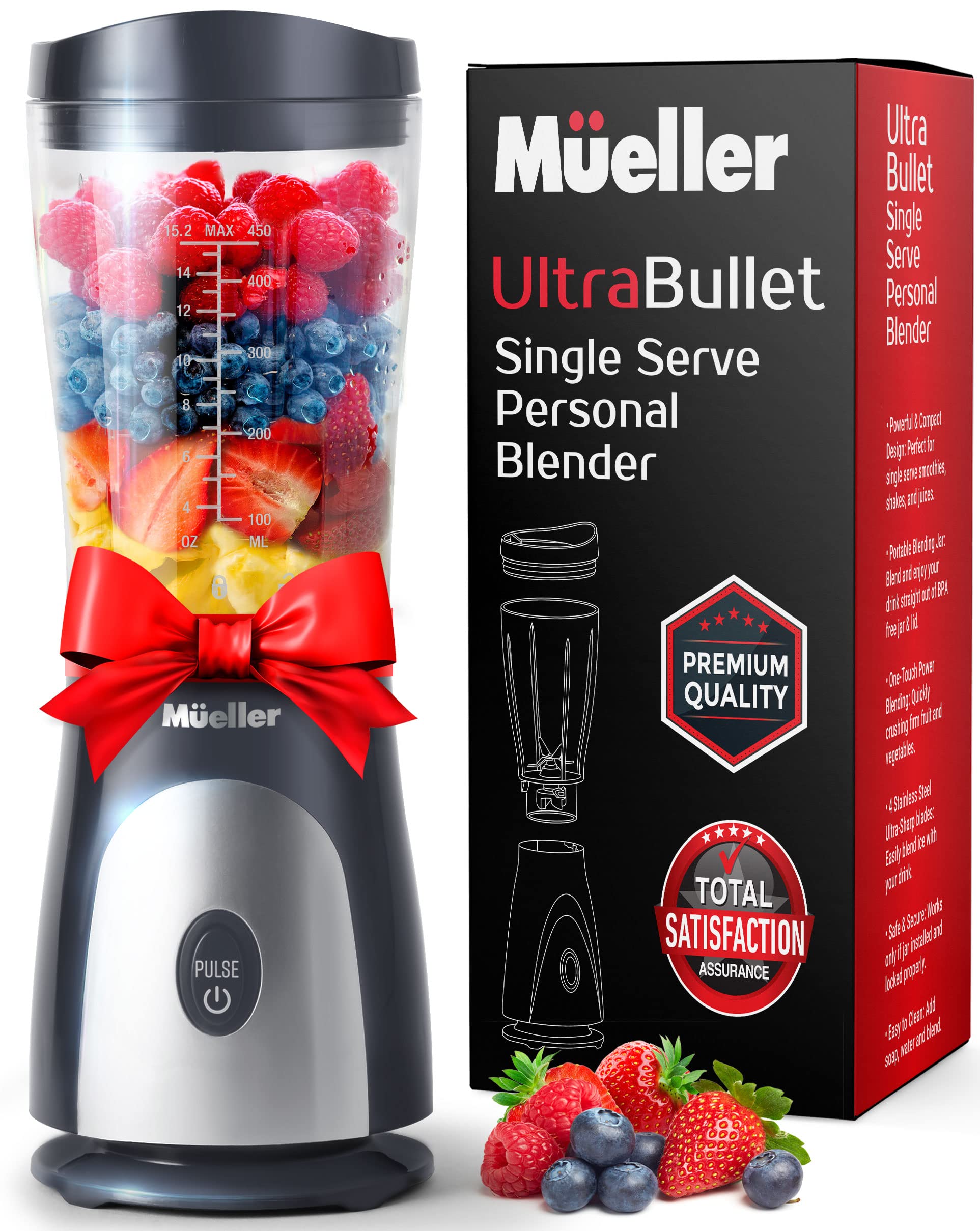 Mueller Ultra Bullet Personal Blender for Shakes and Smoothies with 15 Oz Travel Cup and Lid, Juices, Baby Food, Heavy-Dut...