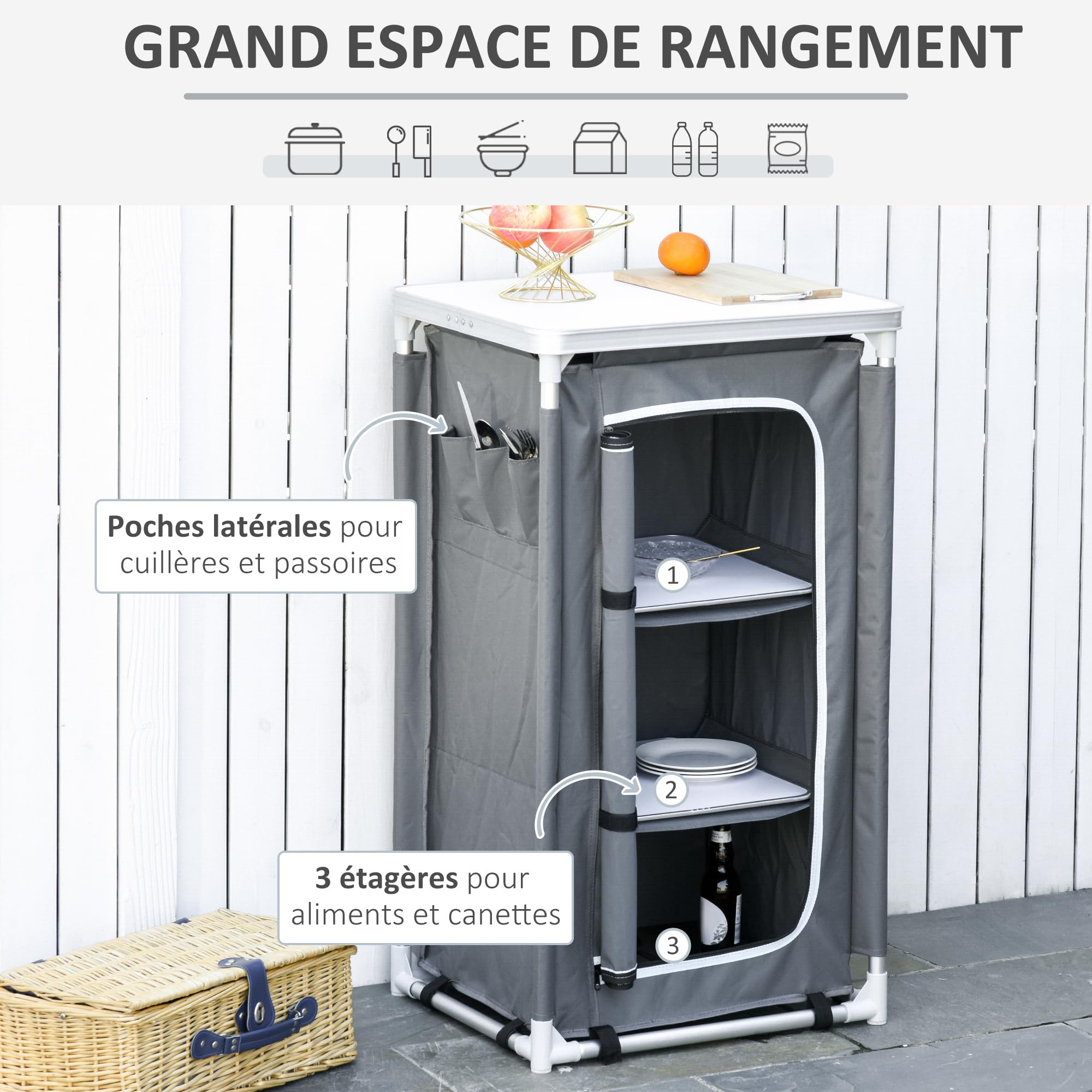 Outsunny Cuisine de Camping, Meuble de Camping avec étagères, Sac de Transport Inclus, Structure en Aluminium, pour Accessoires Cuisine, Aliments, 60 x 50 x 104,5 cm, Gris