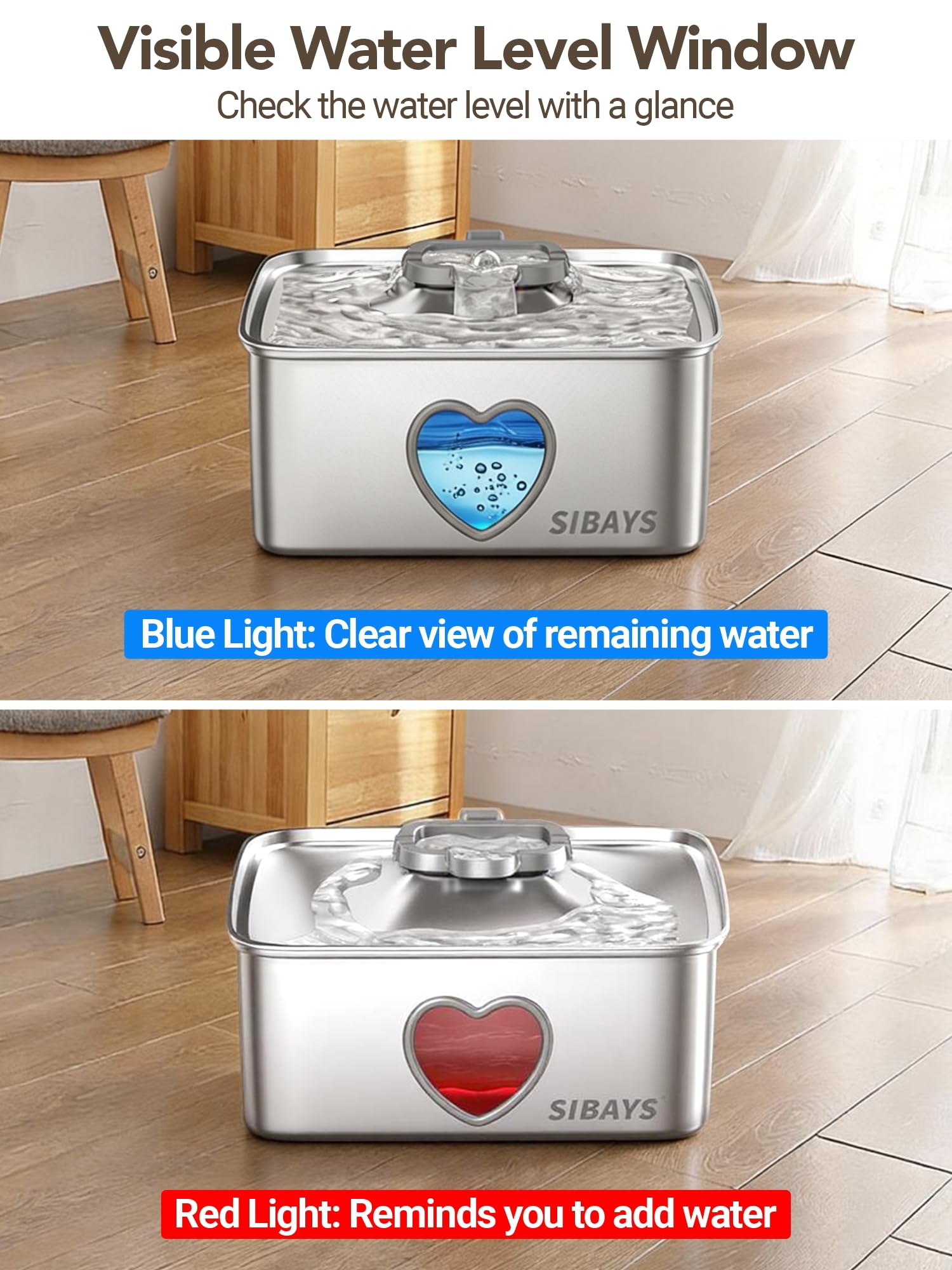 SIBAYS 15L Large Dog Water Fountain, 4 Gal Stainless Steel Pet Water Fountain for Dogs Inside, Ultra Quiet Automatic Dog Water Bowl Dispenser with Water Level Window & LED Light, Easy to Clean FS80 - image 6