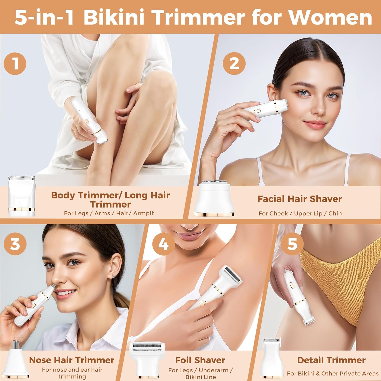 Bikini Trimmer for Women, 5-in-1 Waterproof Electric Razors for Women, Rechargeable Pubic Hair Trimmer, Electric Shaver with Travel Pouch, Body Shaver for Private Area Underarm Leg Face Nose, White