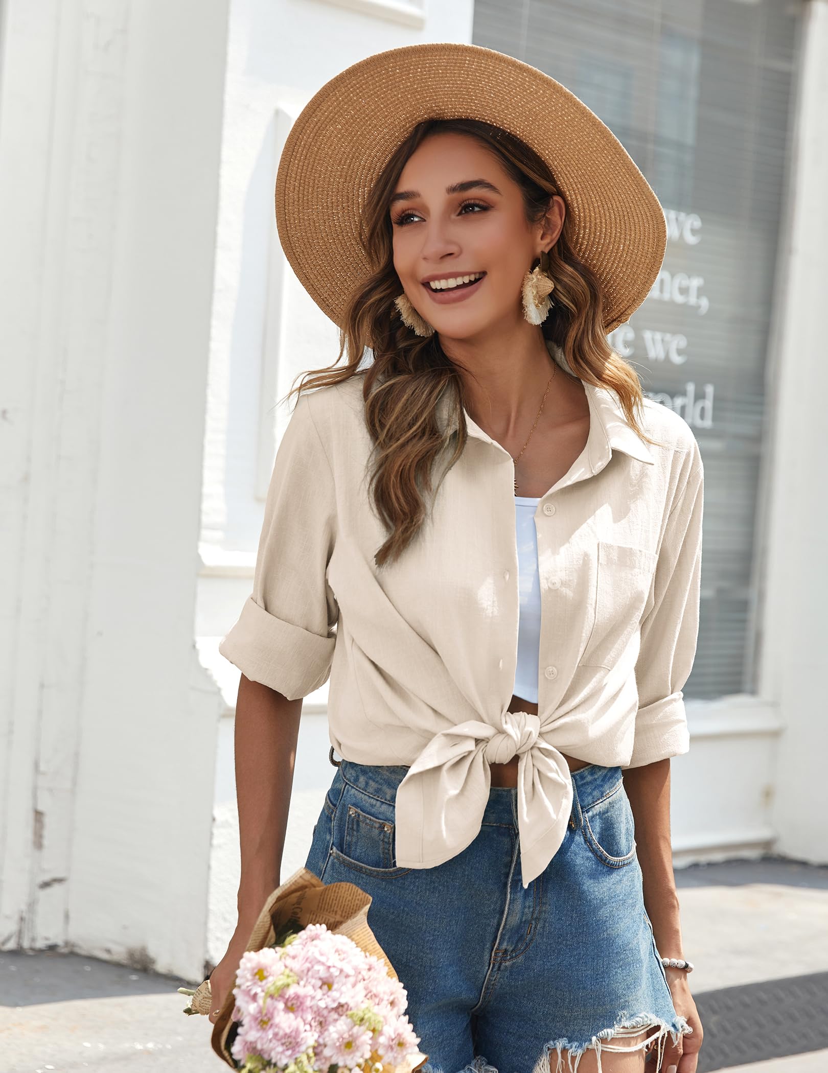 Zeagoo Womens Button Down Shirts Long Sleeve Cotton Gauze Tops Casual Collared Blouses Loose Fit