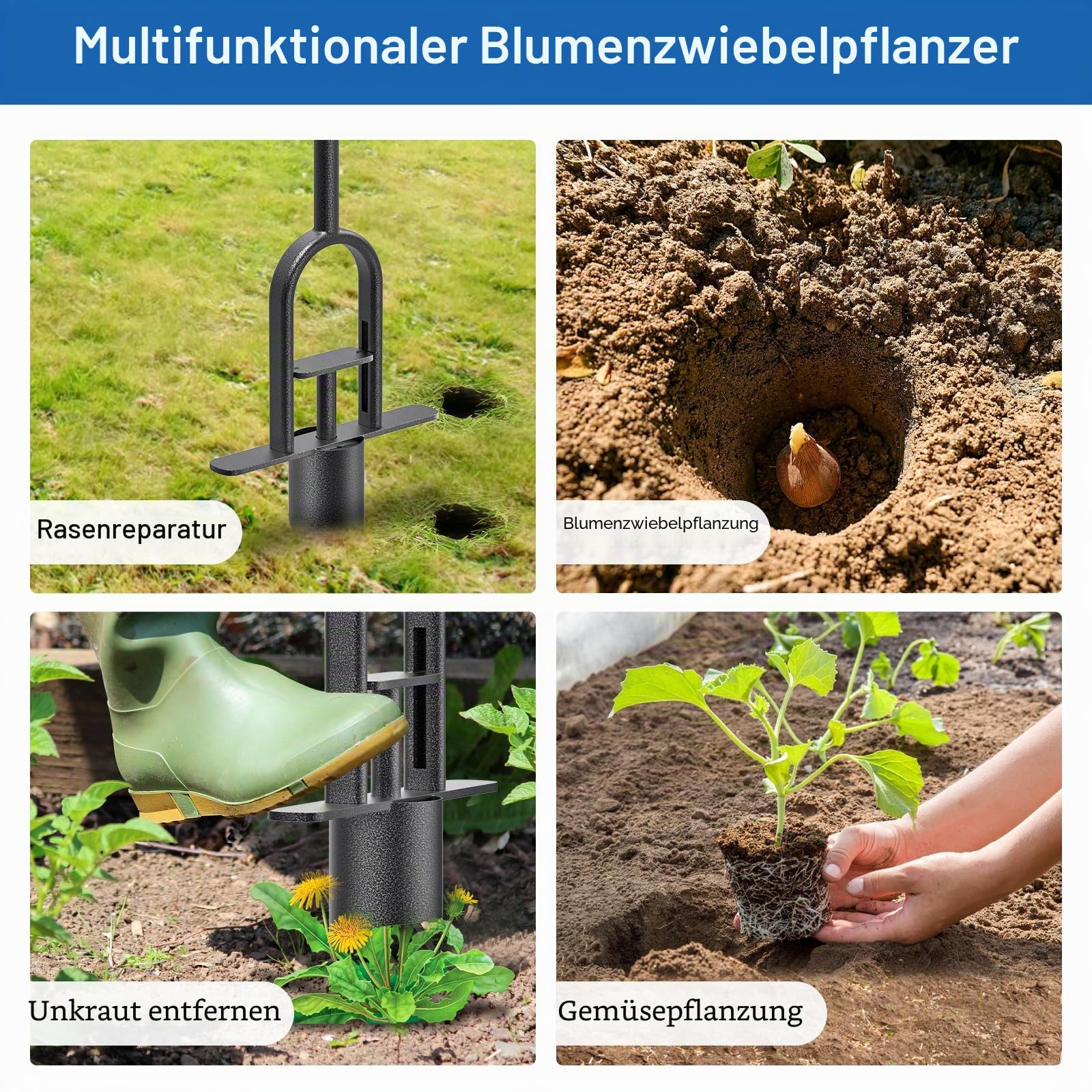BeneLabel Zwiebelpflanzer, 87cm Blumenzwiebel Pflanzwerkzeug Langstiel Federform Tulpen Narzissen Rasenlocher Ausstecher 11.5cm Tiefe Einpflanzhilfe mit Auslöseautomatik für Verdichtete Erde