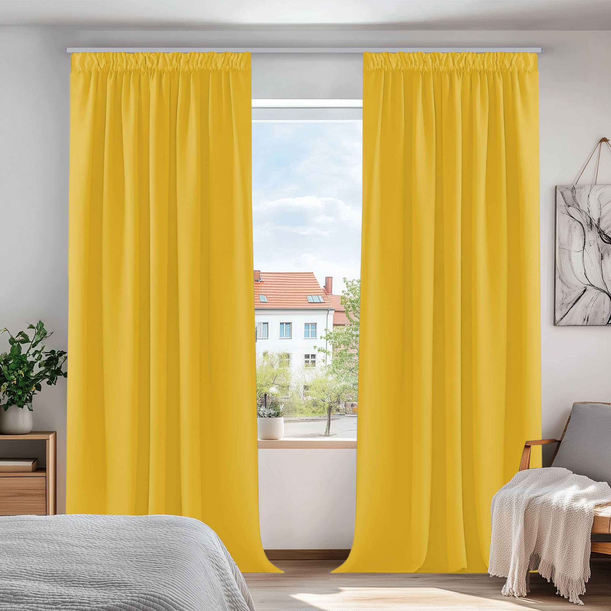 Deconovo Mellow Yellow Pencil Pleated Blackout Curtains Thermal Insulated Curtains For Bedroom 66 X 90 Inch Mustard Yellow 1 Pair