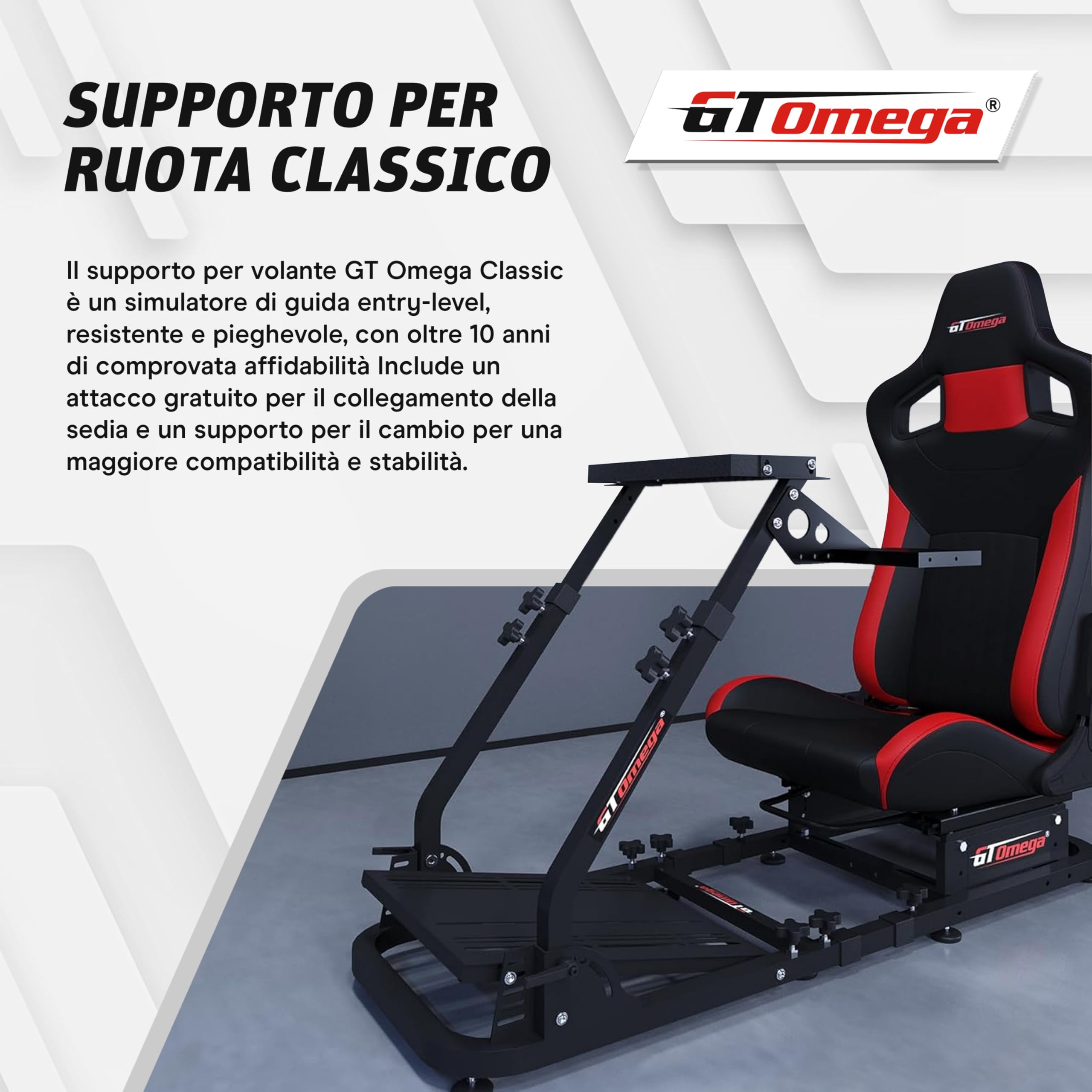 GT OMEGA Classic Supporto per volante - Simulazione pieghevole entry-level, pre-equipaggiata con supporto per cambio e collegamento per sedia, regolabile e pronta per l'aggiornamento