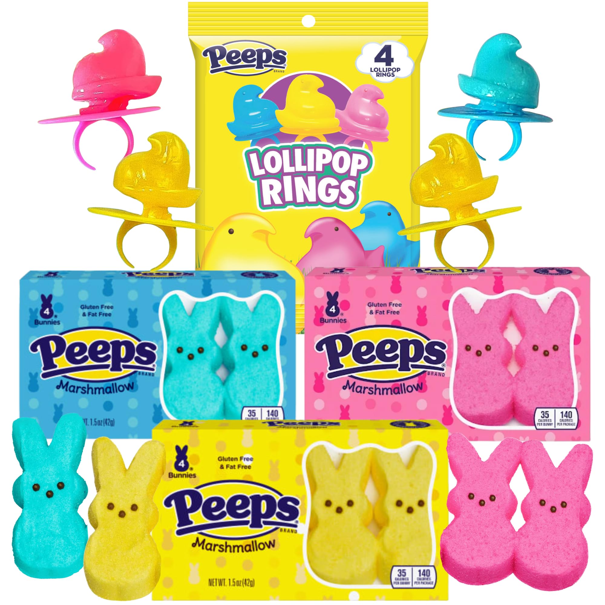Easter Peeps Lollipop Rings and Marshmallows, Assorted Classic Pink, Blue, and Yellow Colors, Gift Basket Candy, (Pack of 4)