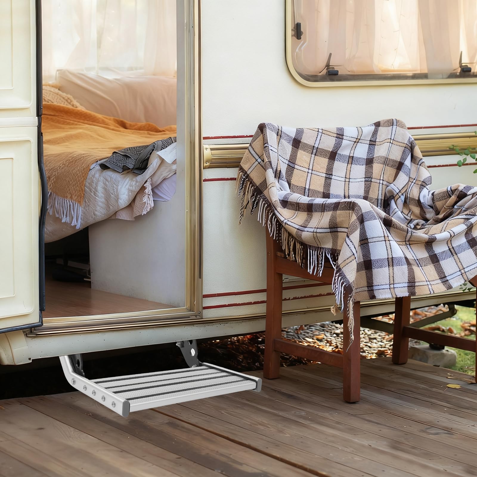Scalino per camper in alluminio con luce LED, pieghevole, antiscivolo, portata 150 kg, per campeggio e roulotte