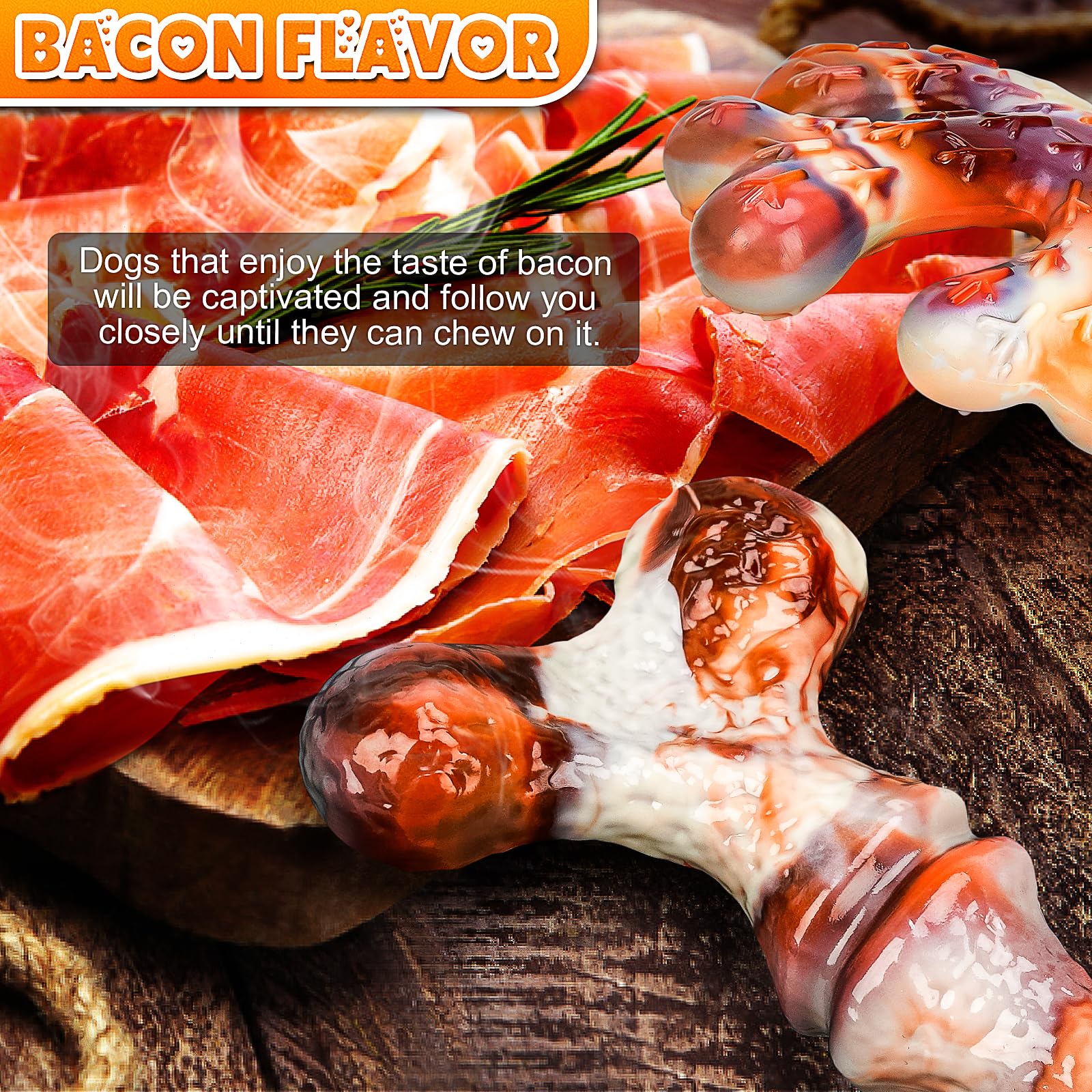 Paquete de 4 juguetes masticables para perros para masticadores agresivos, juguetes indestructibles para razas grandes, medianas y pequeñas, masticables duraderos con sabor a tocino, huesos de