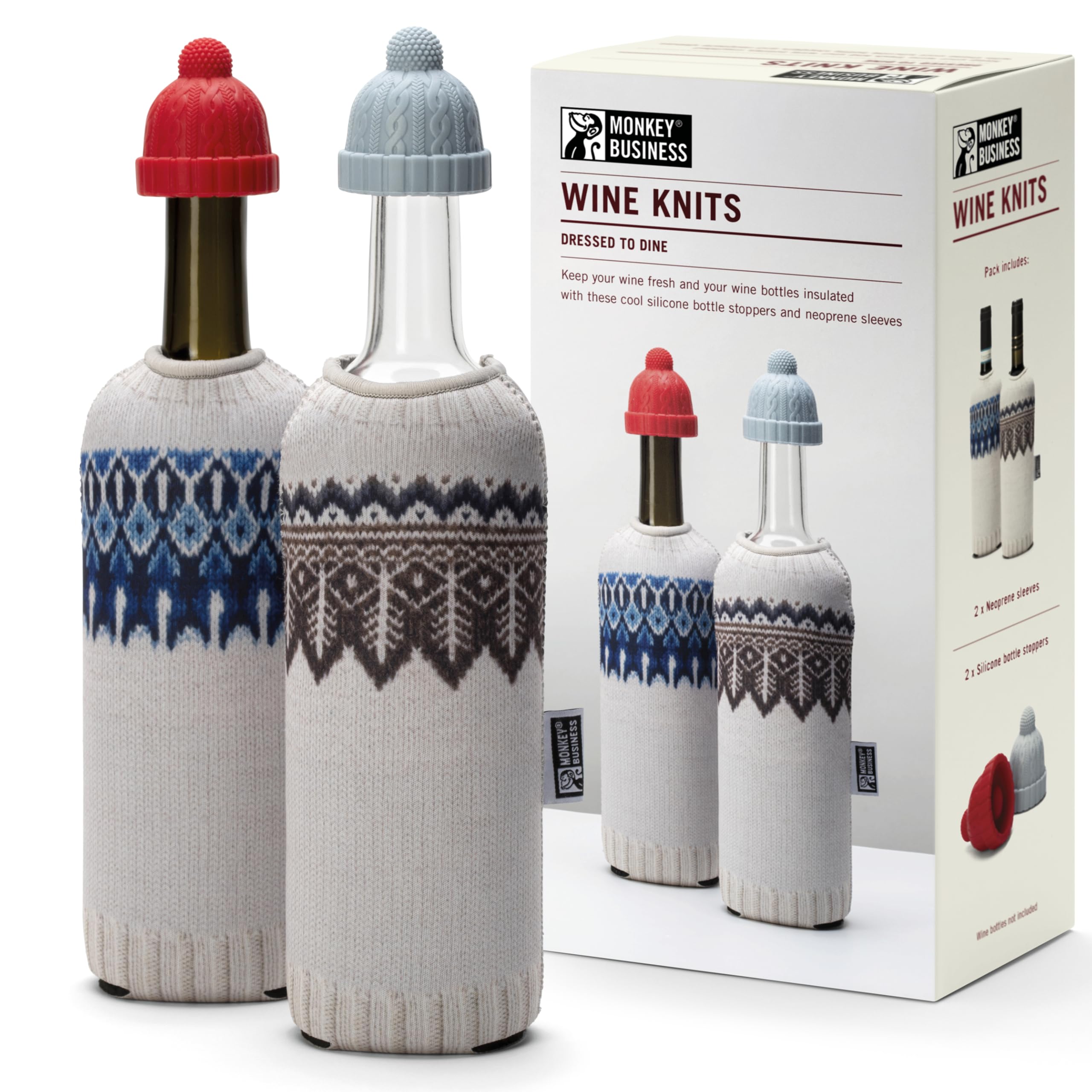 Monkey Business Wine Knits Bottle Stopper and Sleeve Set – 4 Piece Silicone and Neoprene Insulated Wine Accessories Pack for Temperature Control and Freshness, Winter Knit Themed Dining Gift Set