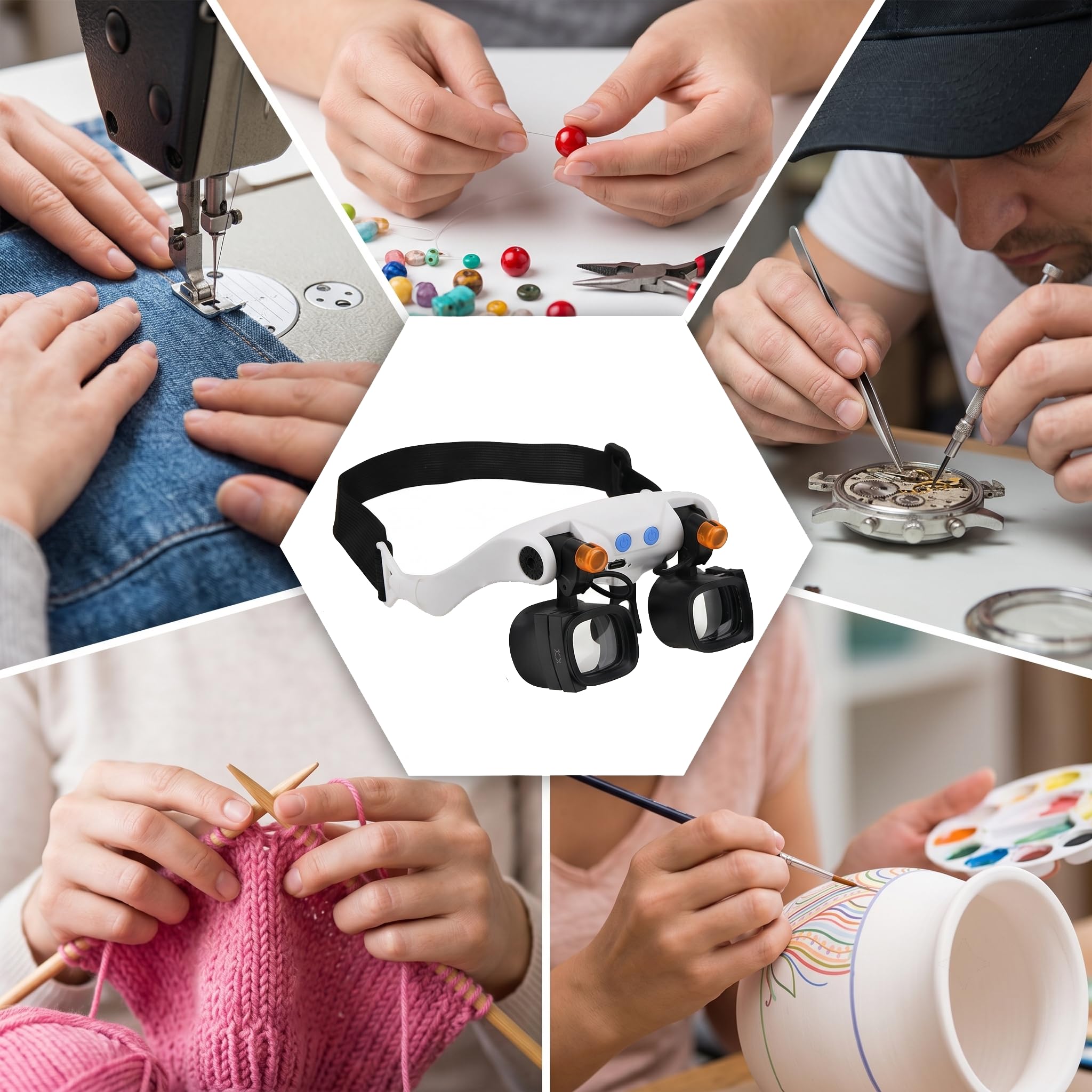 Occhiali Lente d'Ingrandimento con Luce LED, Professionale Ricaricabile Lente d'Ingrandimento 5 Lenti (2X-13X) Visiera Ingrandente per Gioiellieri Riparazione Orologi, Ricamo e Bricolage